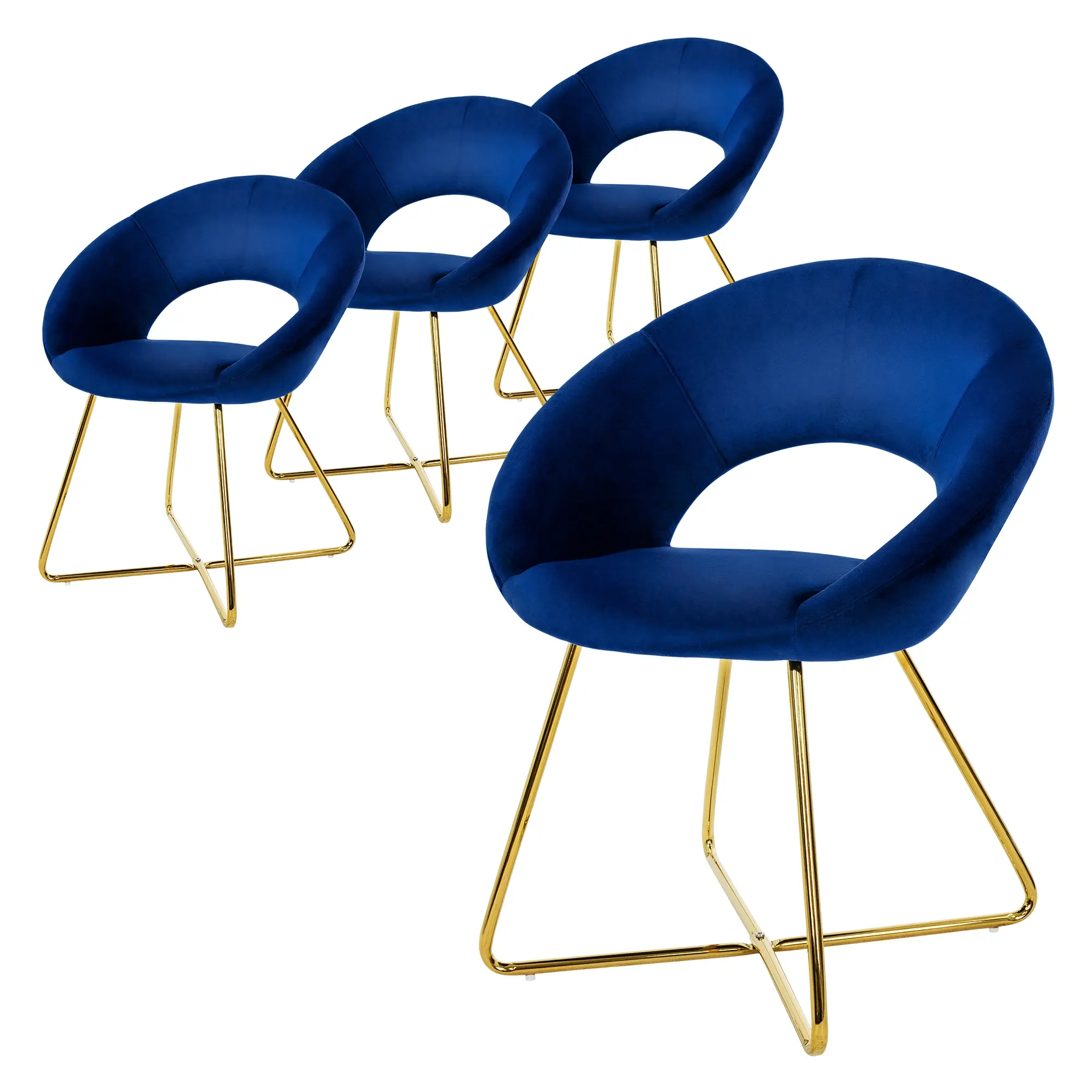 Lot de 4 chaises de salle à manger bleu dossier en demi-coque arrondi assise ergonomique revêtement en velours piètement doré en métal design moderne