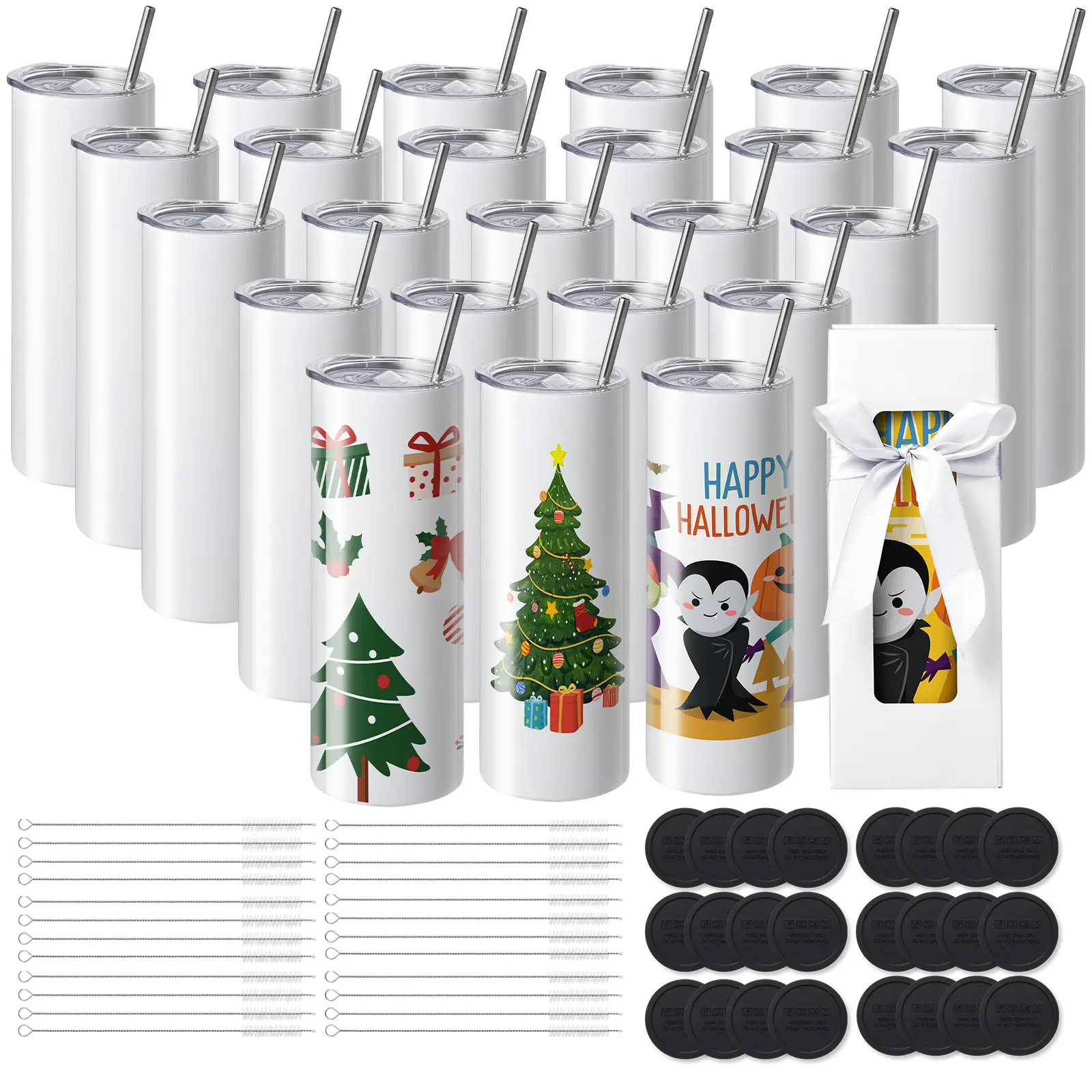 VEVOR Gobelets thermos sublimation 59cL (24pcs), inox double paroi, avec couvercle/paille, boîte cadeau.