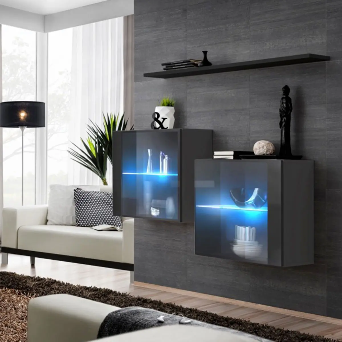 Lot de 2 Vitrines Murales & Étagère «Switch SBIII» 130cm Gris & Noir