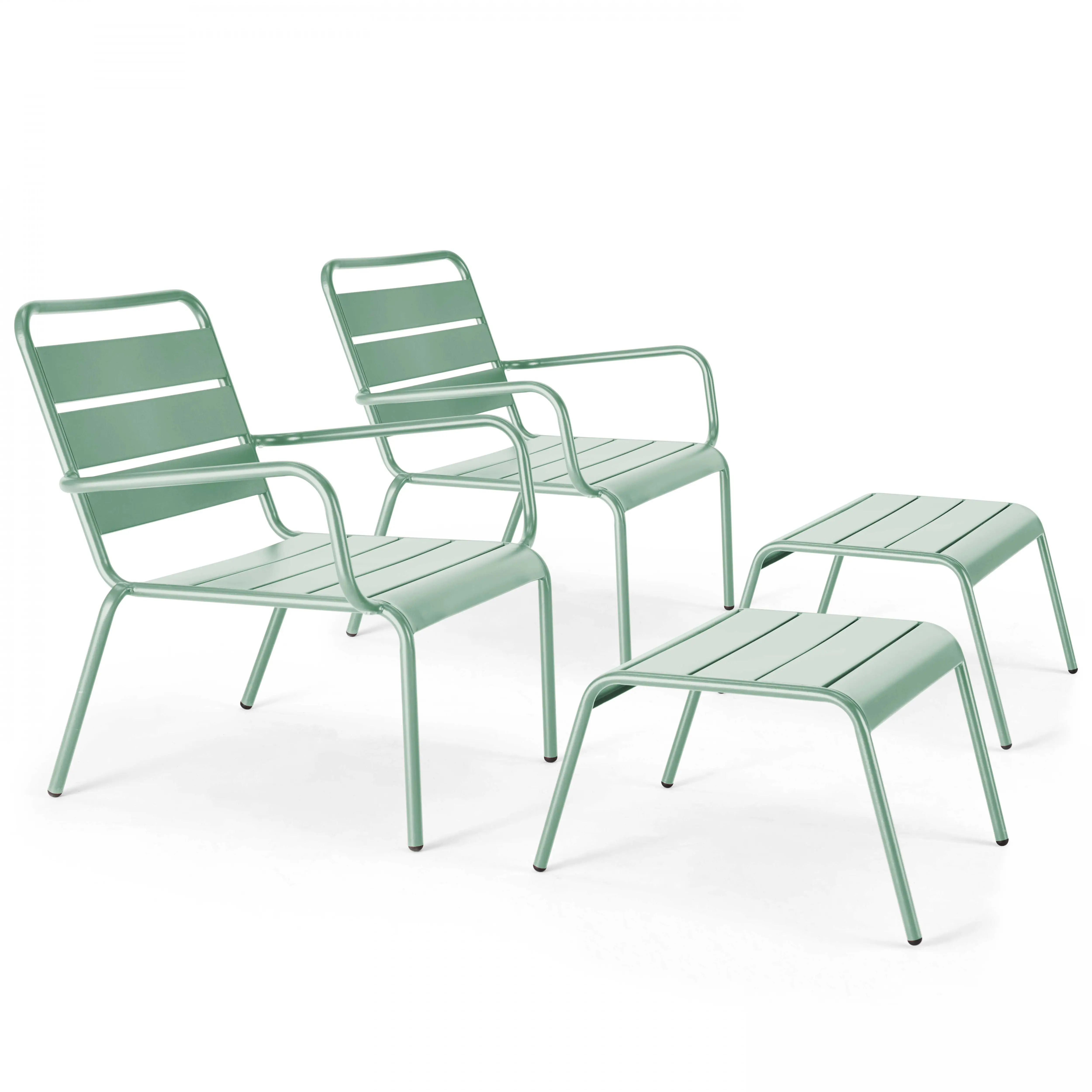 Lot de 2 fauteuils relax avec repose-pieds en métal vert sauge Palavas – Oviala