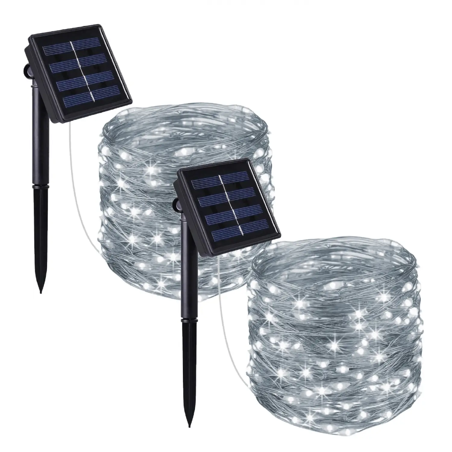 Lot de 2 guirlandes solaires extérieur lumineuses jardin, terrasse – Ampoules LED 8 modes – 12 m – Blanc froid – Linxor