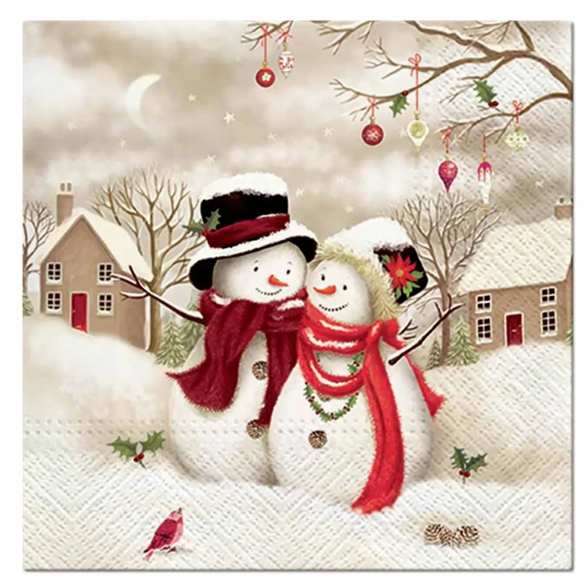 Lot de 20 Serviettes en Papier «Bonhommes de Neige» 33x33cm Naturel