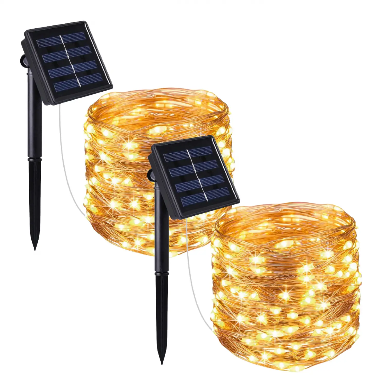 Lot de 2 guirlandes solaires extérieur lumineuses jardin, terrasse – Ampoules LED 8 modes – 12 m – Blanc chaud – Linxor