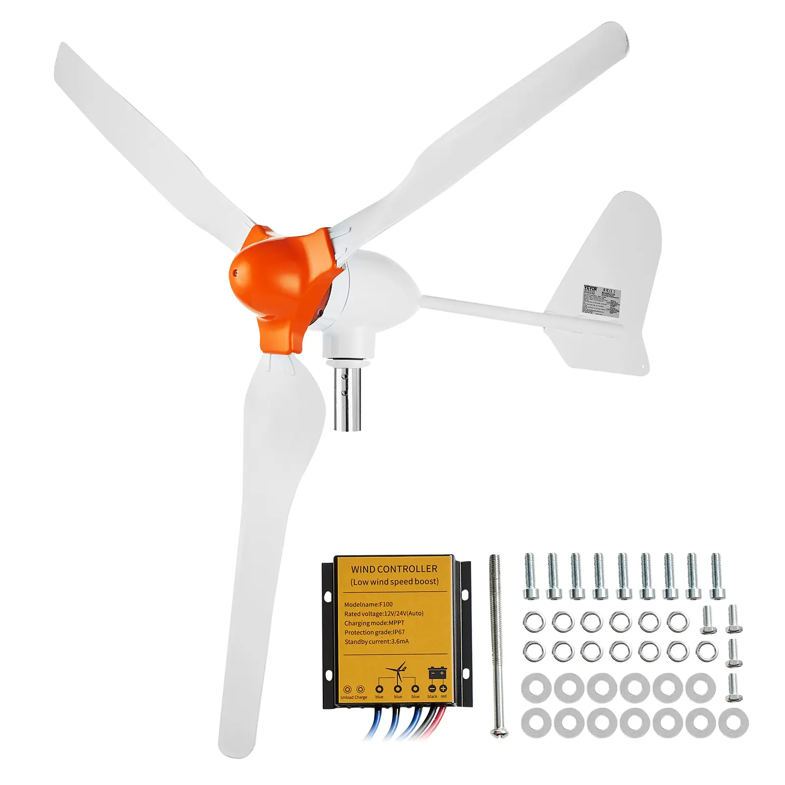 VEVOR Générateur éolienne 800W 12V, 3 pales, contrôleur MPPT, vitesse démarrage 2.5 m/s.