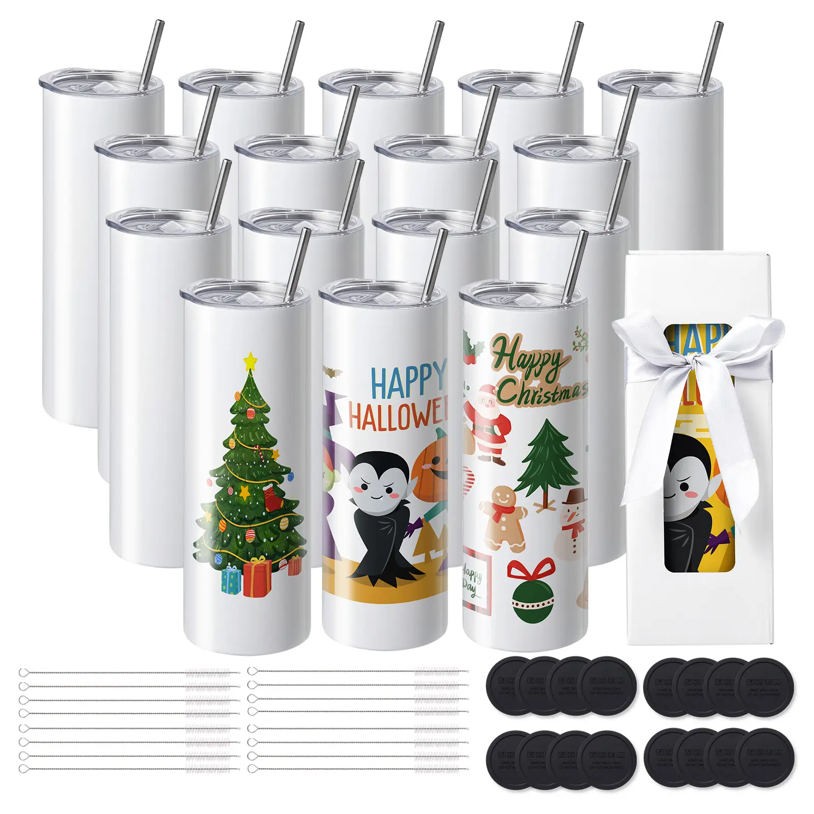 VEVOR Gobelets thermos sublimation 59cL (16pcs), inox double paroi, avec couvercle, paille, boîte cadeau.