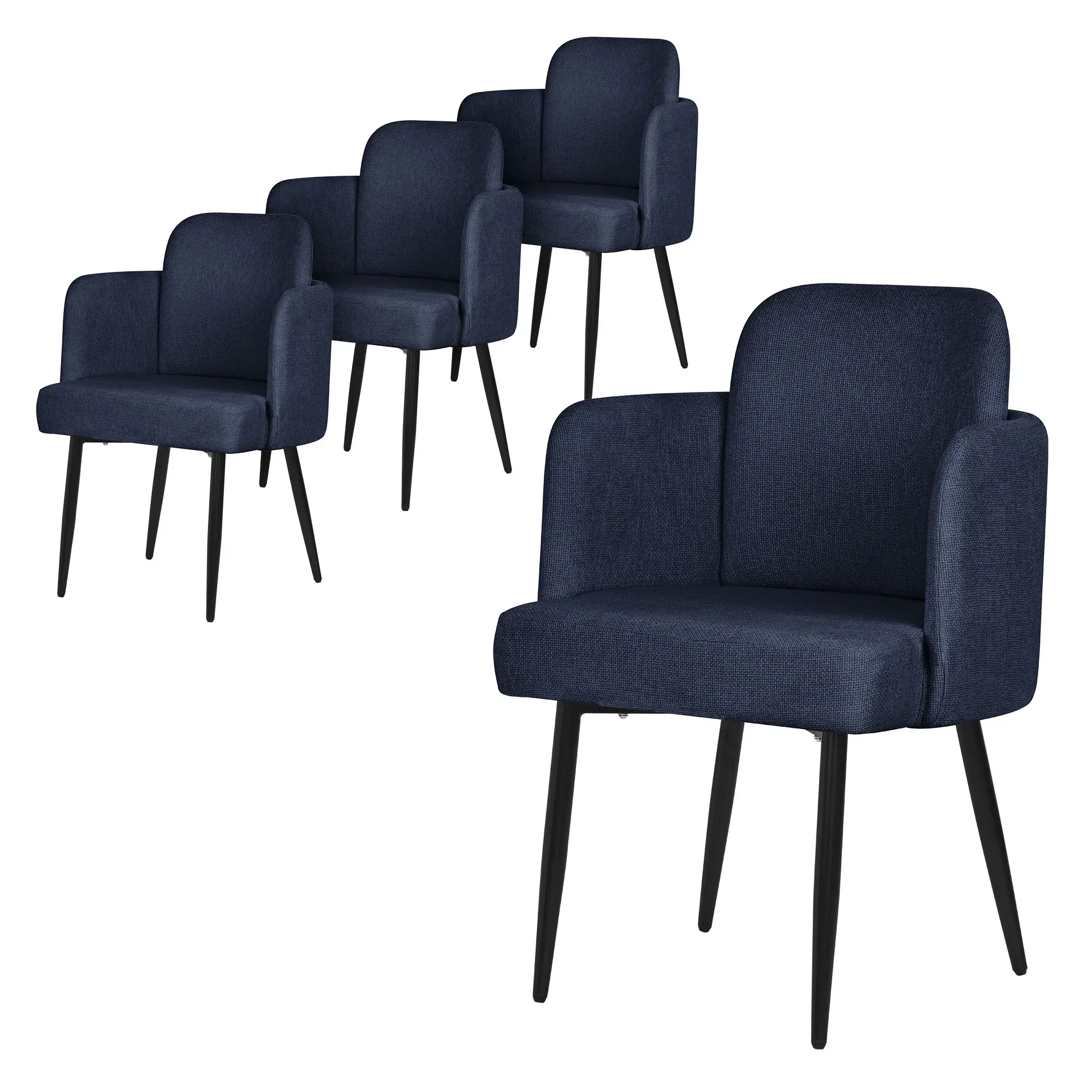 Lot de 4 chaises salle à manger en tissu bleu foncé avec accoudoirs et dossier aspect rotin pieds en métal assise rembourrée fauteuils ergonomiques