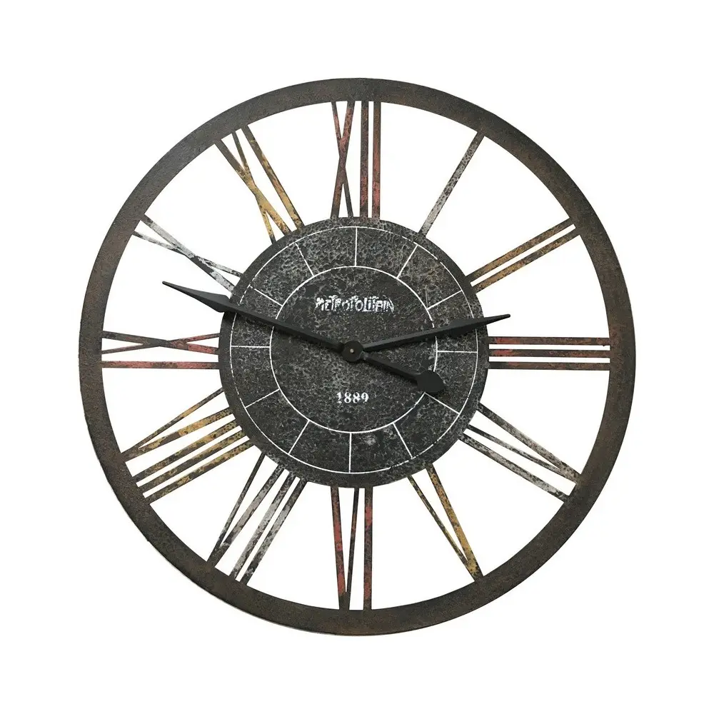 ~ Grande horloge murale décorative vintage salon métal marron 90cm Chemin de campagne