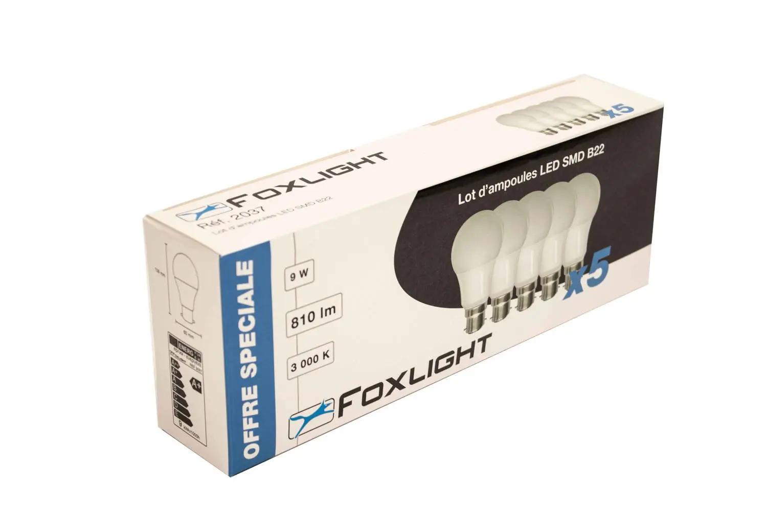 Lot de 5 Ampoules LED-S11 – A60 – B22 – 9W – 3 000K – 810Lm Fox Light