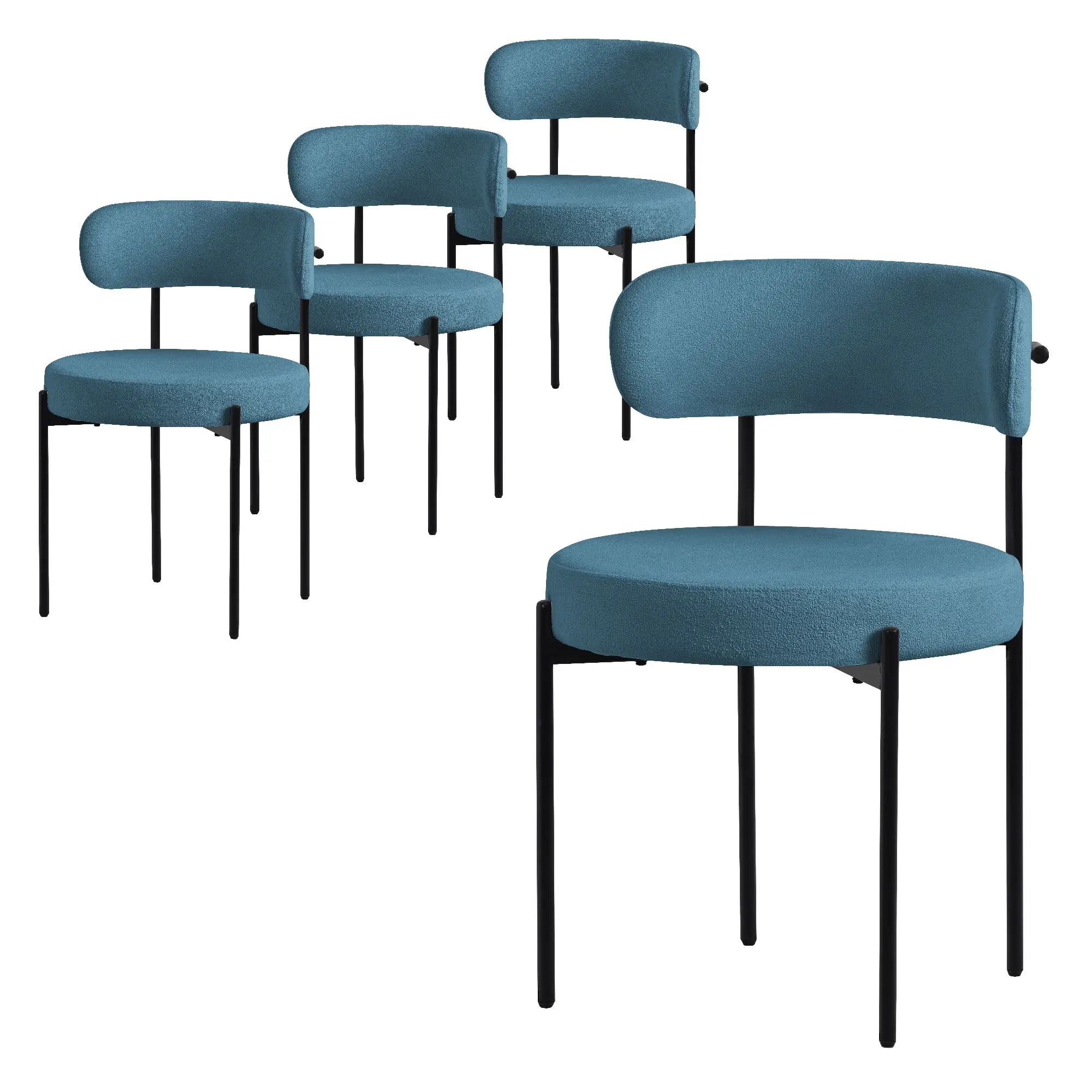 Lot de 4 chaises de salle à manger bleu avec dossier ergonomique revêtement en tissu teddy doux en polyester piètement noir en acier design élégant