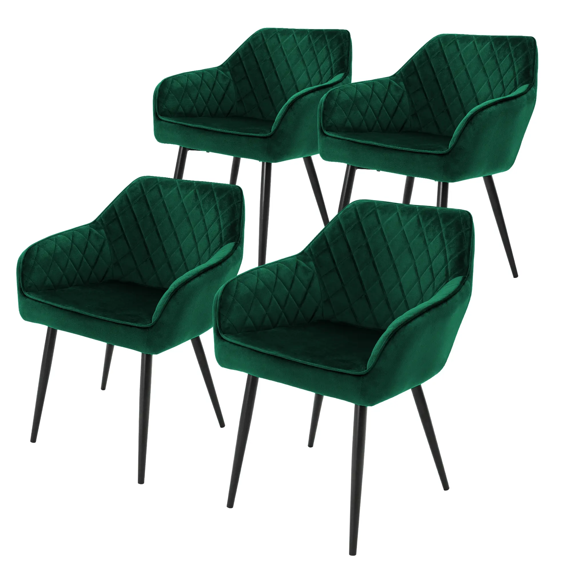 Lot de 4 chaises de salle à manger vert foncé dossier et accoudoirs ergonomiques revêtement en velours respirant pieds noir en acier design moderne