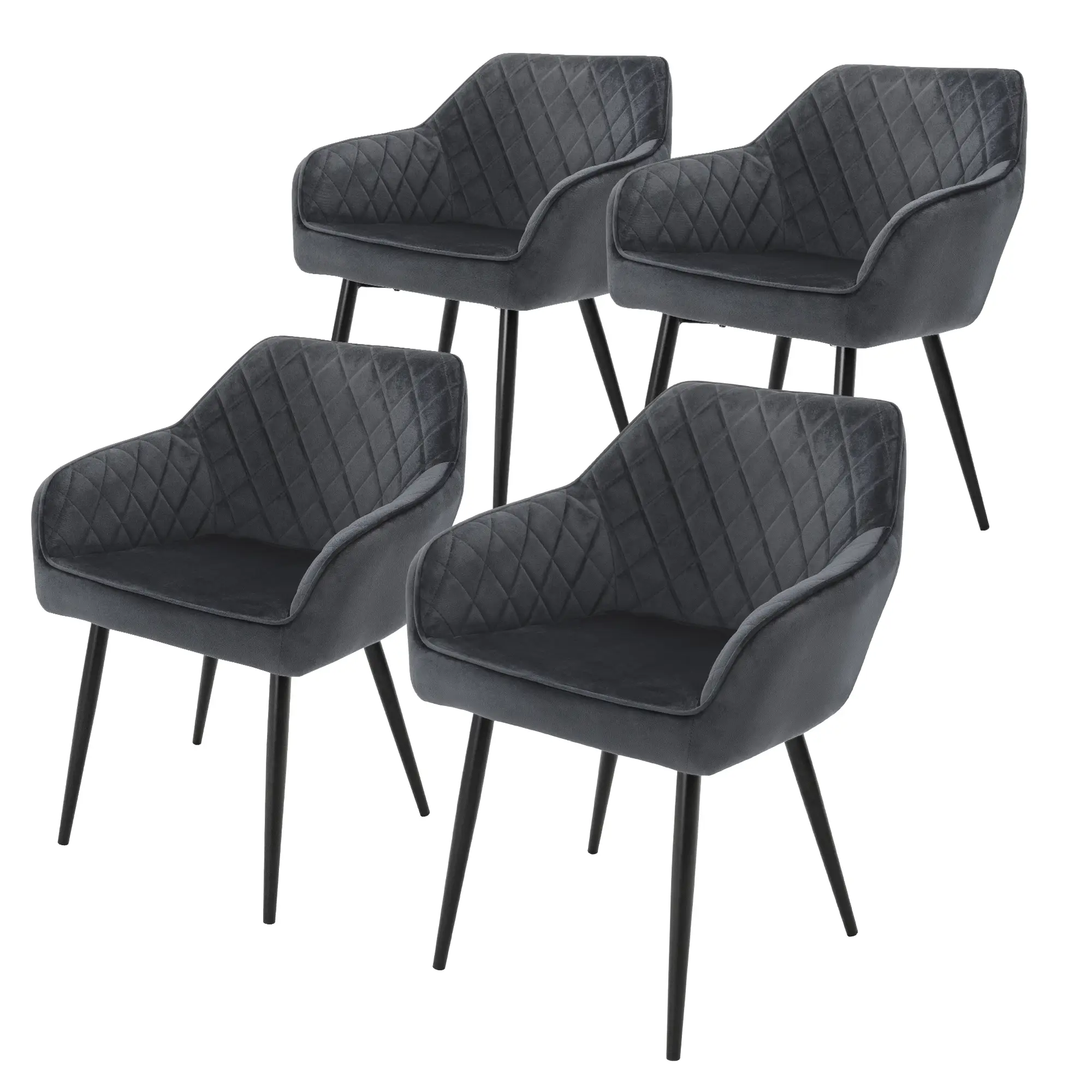 Lot de 4 chaises de salle à manger anthracite dossier et accoudoirs ergonomiques revêtement en velours respirant pieds noir en acier design moderne
