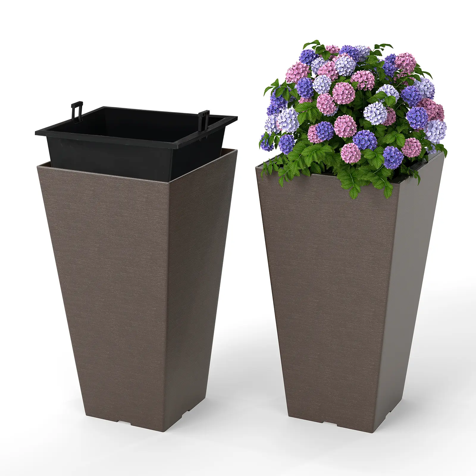 Lot de 2 Pots à Plantes en Forme de Cône, Jardinières Carrées 57 CM avec Système d’Auto-Arrosage Seau Intérieur Amovible, Intérieurs Extérieur, Marron