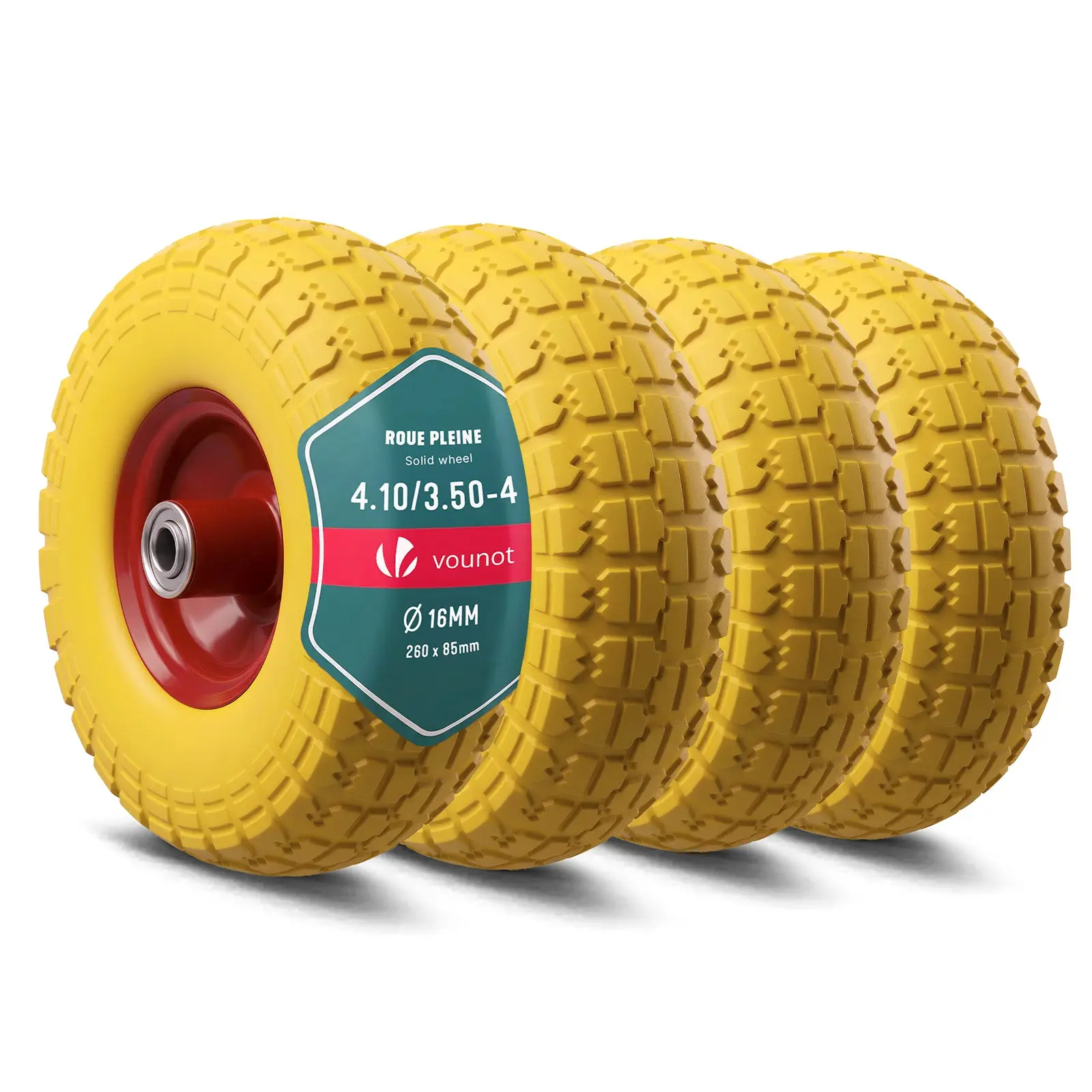 Lot de 4 Roue increvable 3.5-4 en PU pour brouette diable alesage 16mm 260x85mm Jaune