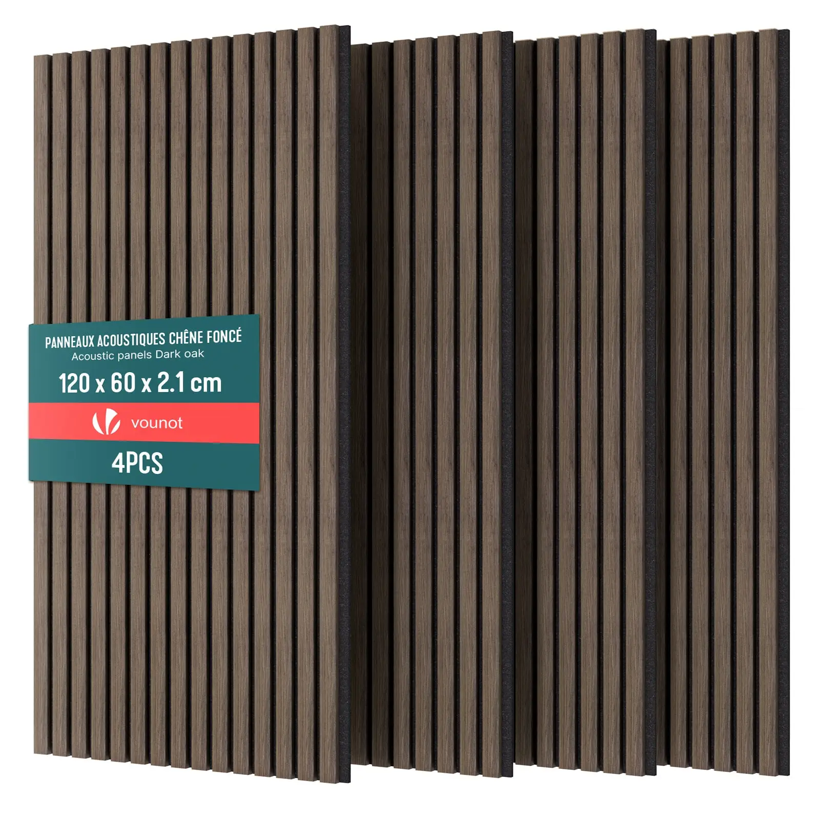 Lot de 4 panneaux acoustiques muraux Tasseaux en bois MDF avec feutre noir 120x60x2.1cm chene foncé