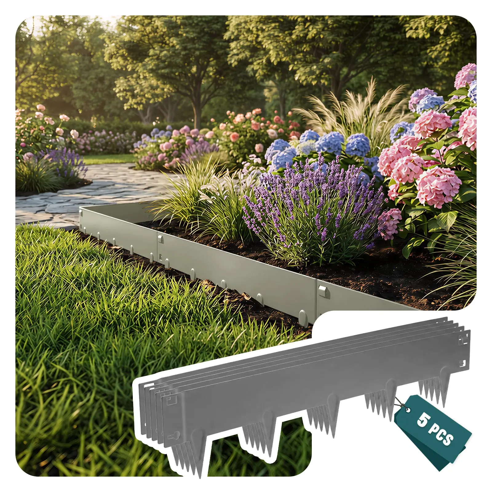 Lot de 5 Bordure de jardin en métal galvanisé 106x18cm gris – épaisseur 1.5mm – clôture flexible et résistante 5M – VOUNOT®