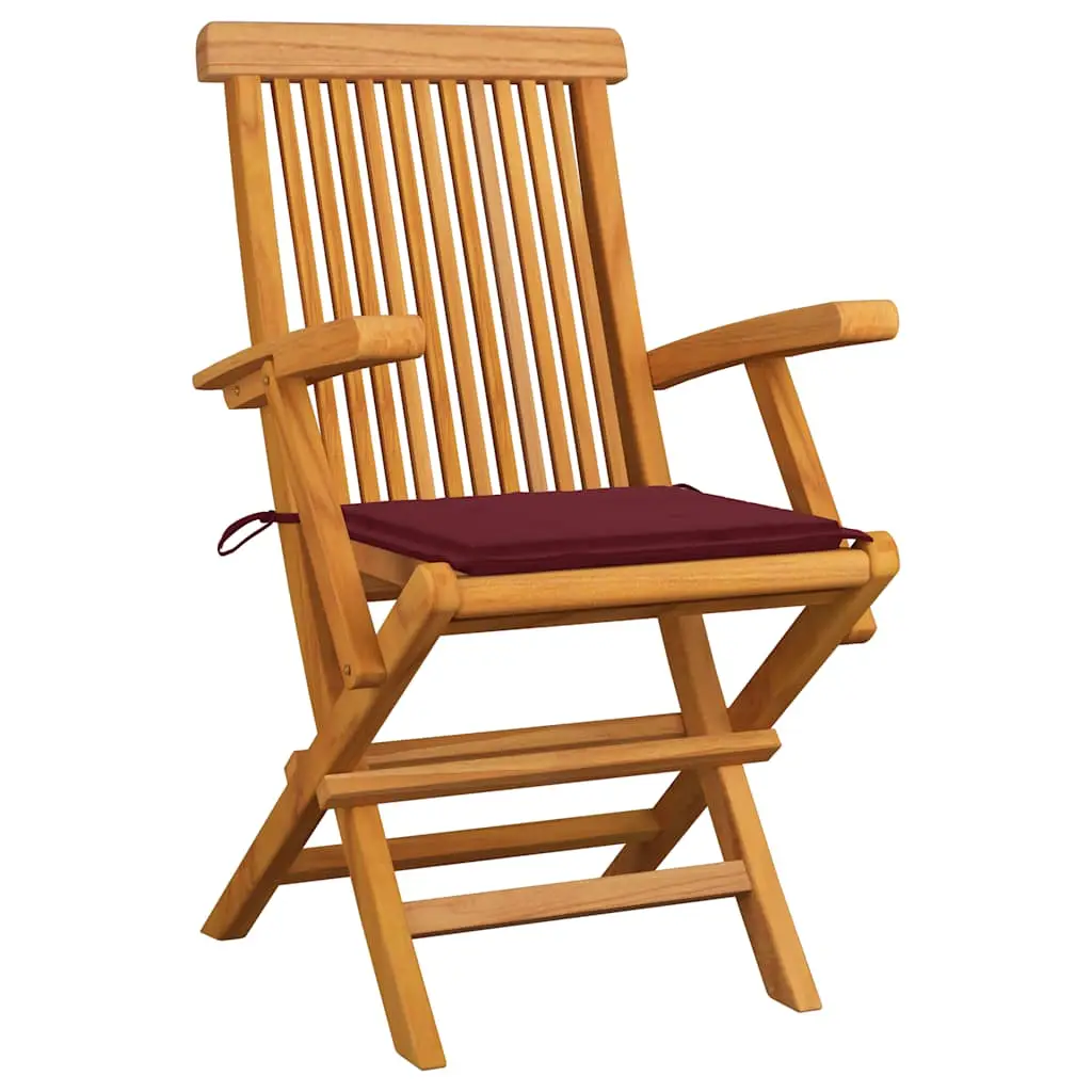 Lot de 3 Chaises de jardin | Chaise d’extérieur avec coussins rouge bordeaux Teck