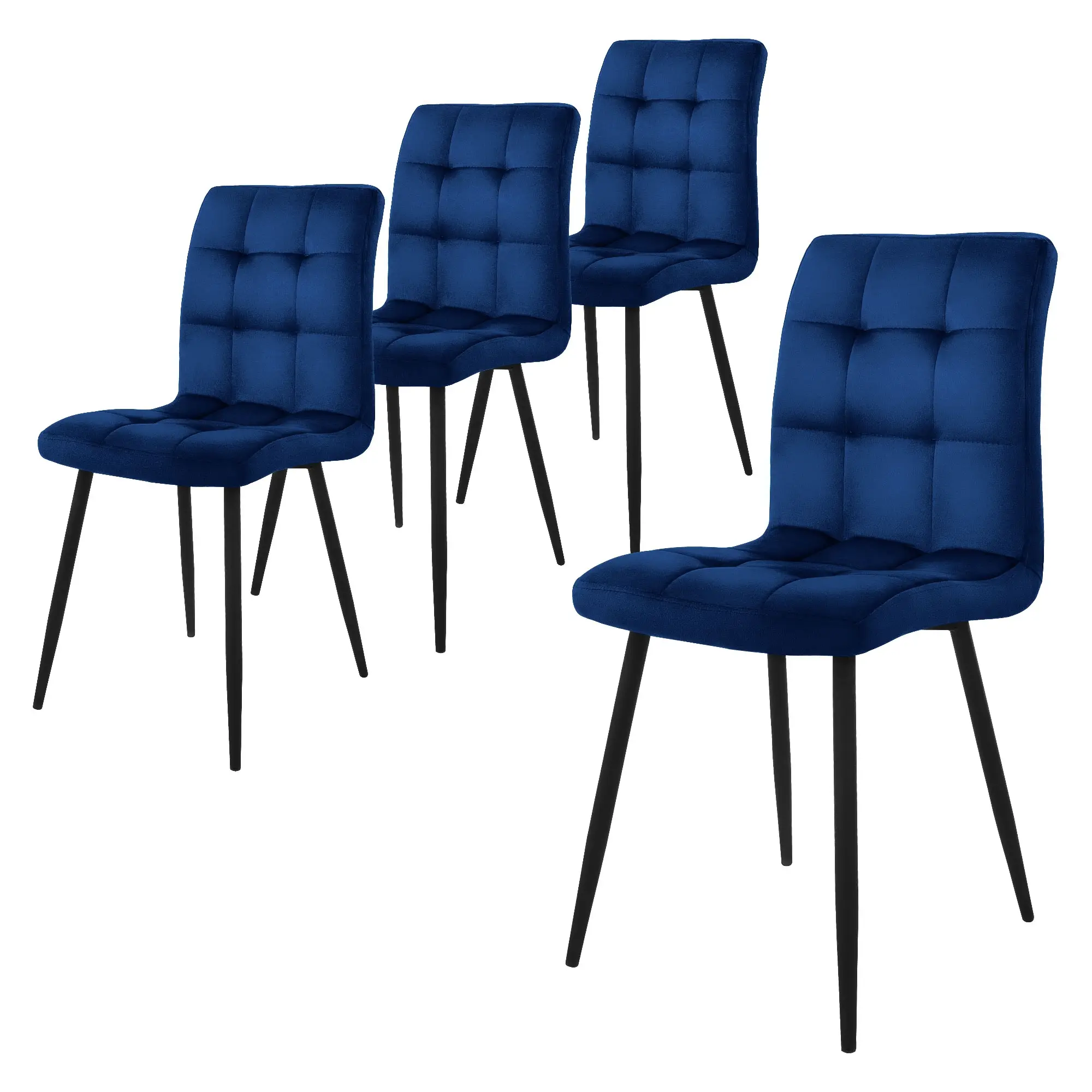 Lot de 4 chaises de salle à manger bleu foncé dossier ergonomique assise rembourrée en velours piètement métallique noir design moderne raffiné