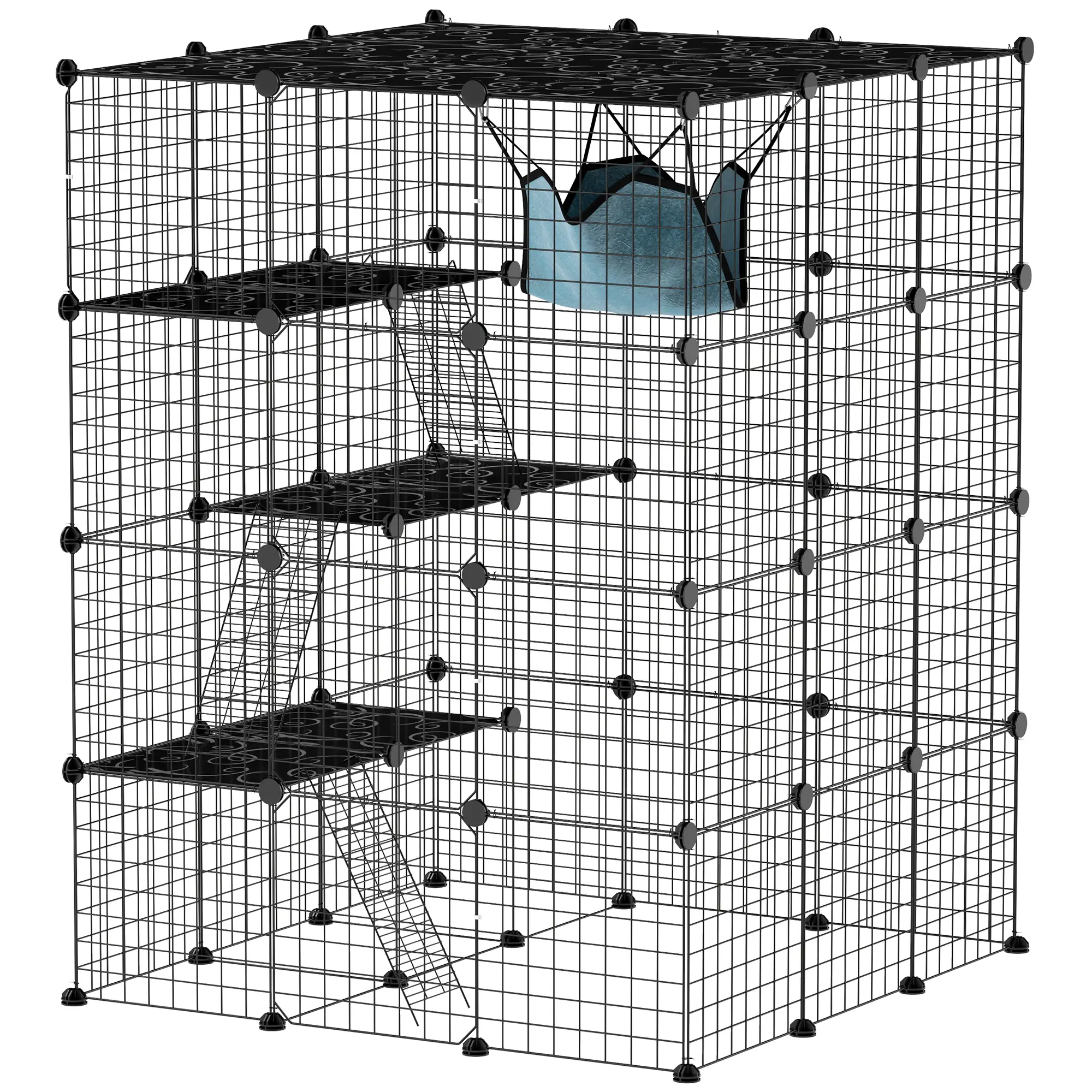 Grande Cage pour Chat Modulable 4 Niveaux en Acier Parc de Jeu d’Intérieur 105x105x140 cm Noir