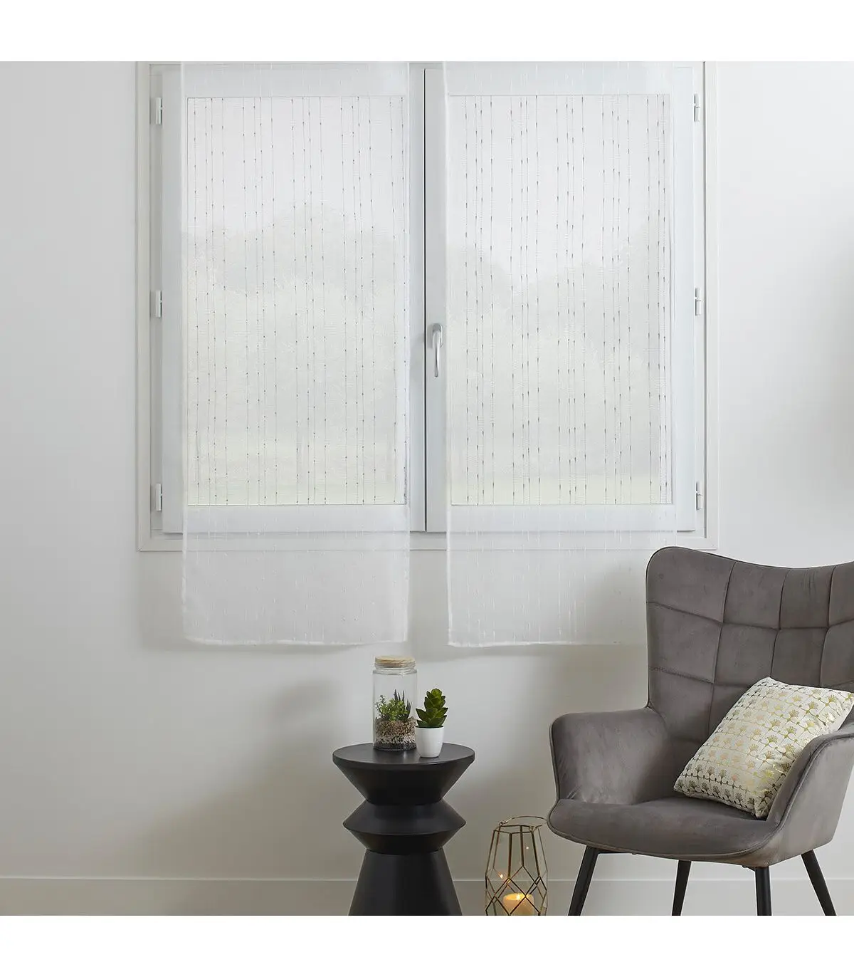 Lot de 2 Voilages Vitrage Blanc imprimé Anissa 60 x 160 cm