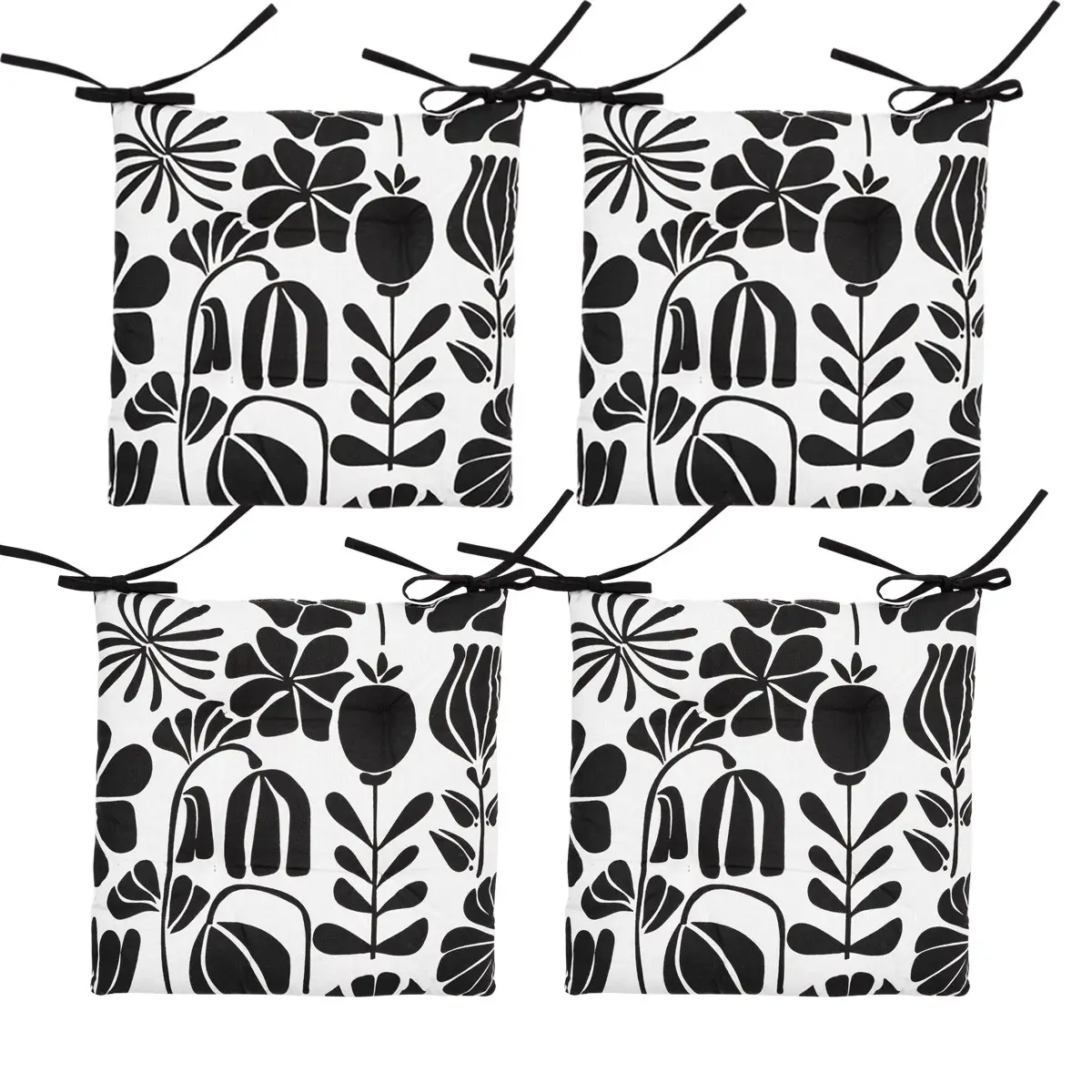 Lot de 4 Galettes de chaise en Coton Noir & Blanc avec motifs 38 x 38 cm