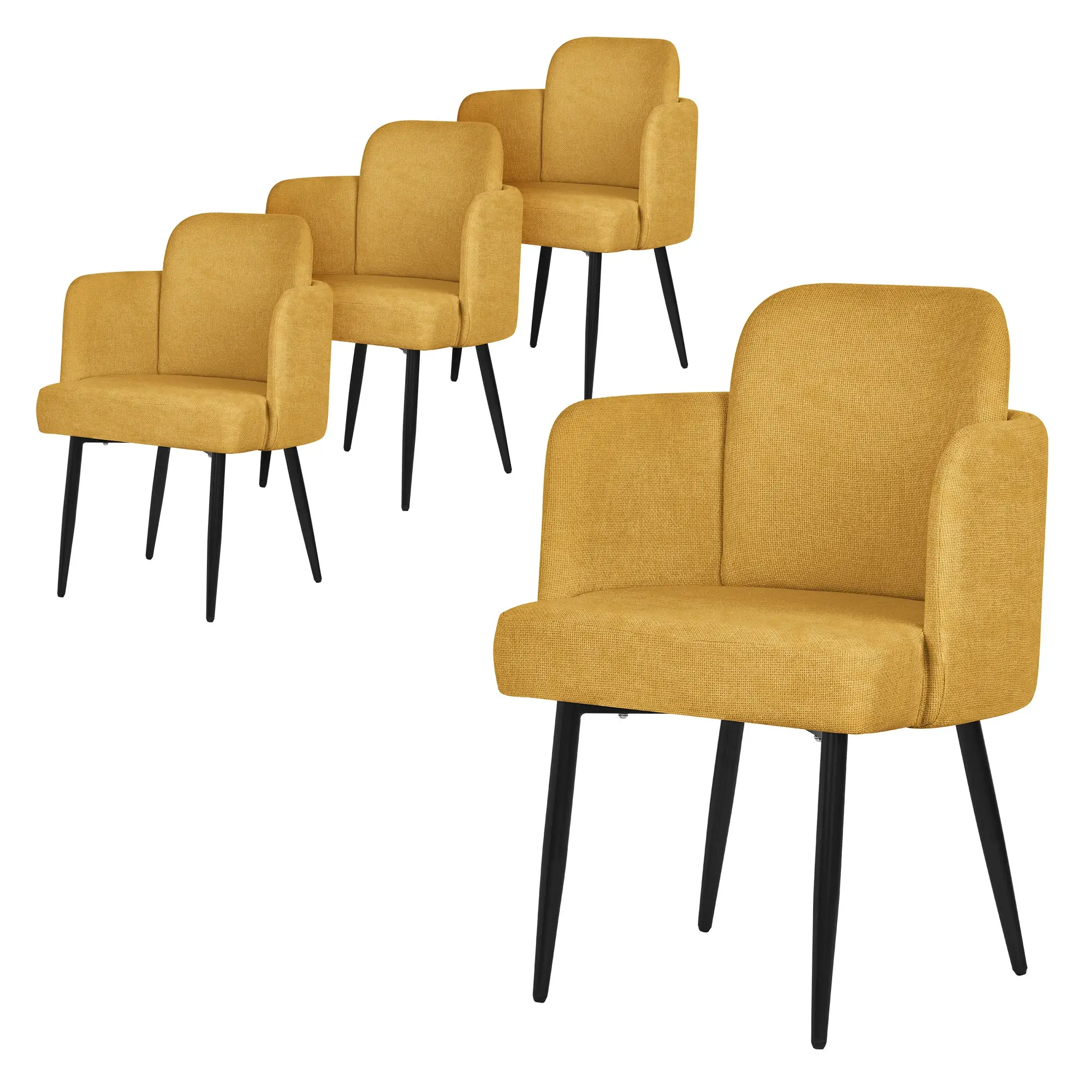 Lot de 4 chaises salle à manger en tissu moutarde avec accoudoirs et dossier aspect rotin pieds en métal assise rembourrée fauteuils ergonomiques