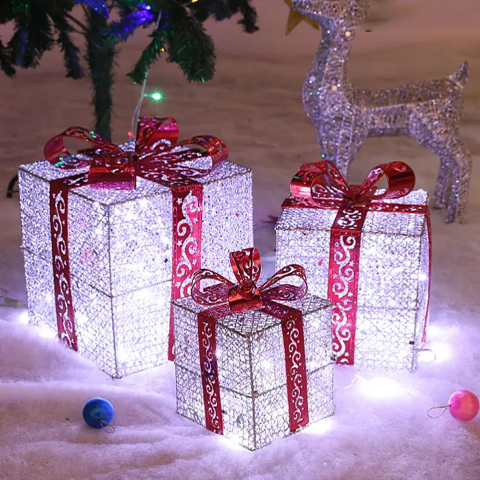 Lot de 3 boîtes cadeaux de Noël lumineux à paillettes, 3 boîtes décoratives LED, argenté, à piles