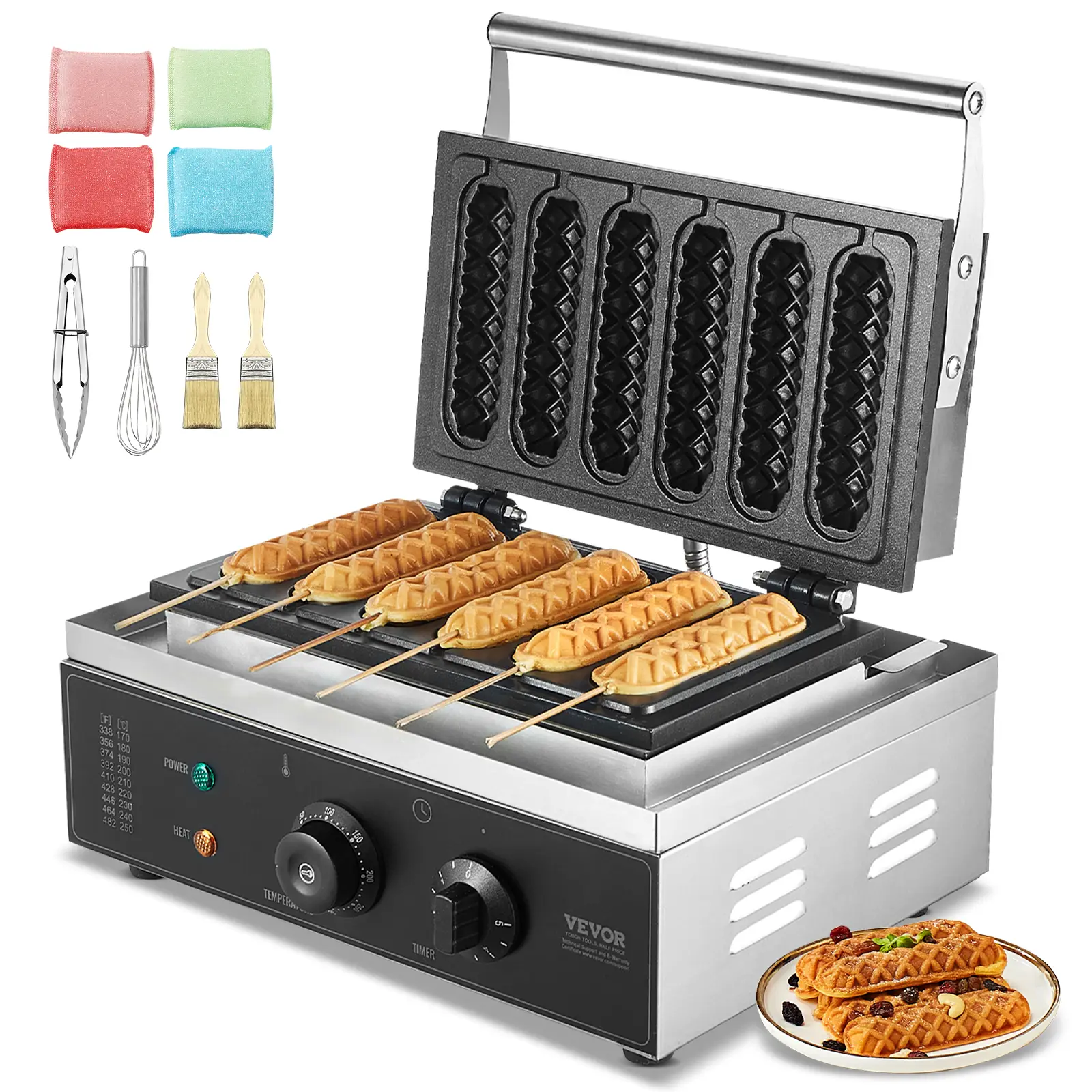 VEVOR Gaufrier commercial 6 pièces 1500W, inox antiadhésif pour hot dog, contrôle temperature/temps.