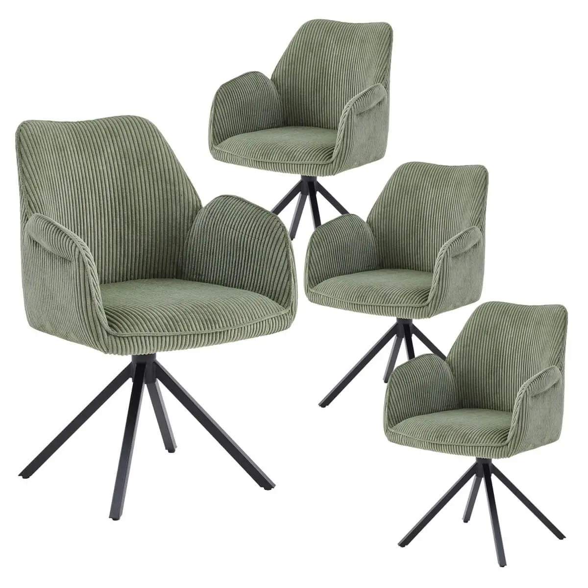 Lot de 4 Fauteuils de table Pivotants Tissu Velours Côtelé Vert – DELIA