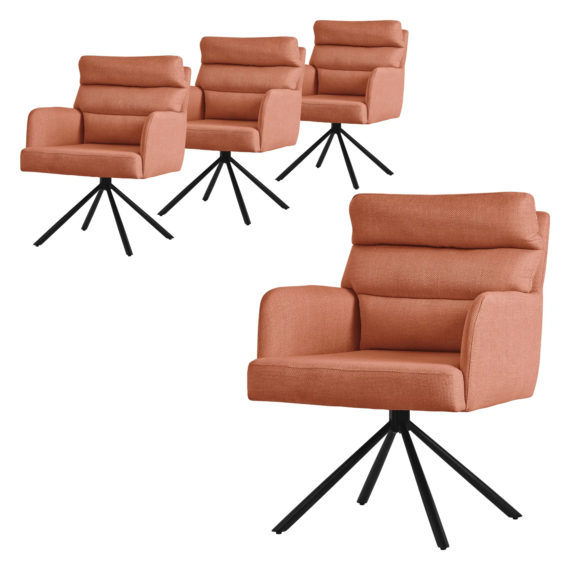 Lot de 4 chaises de salle à manger orange pivotante avec dossier et accoudoirs ergonomiques revêtement en polyester piètement en acier design élégant