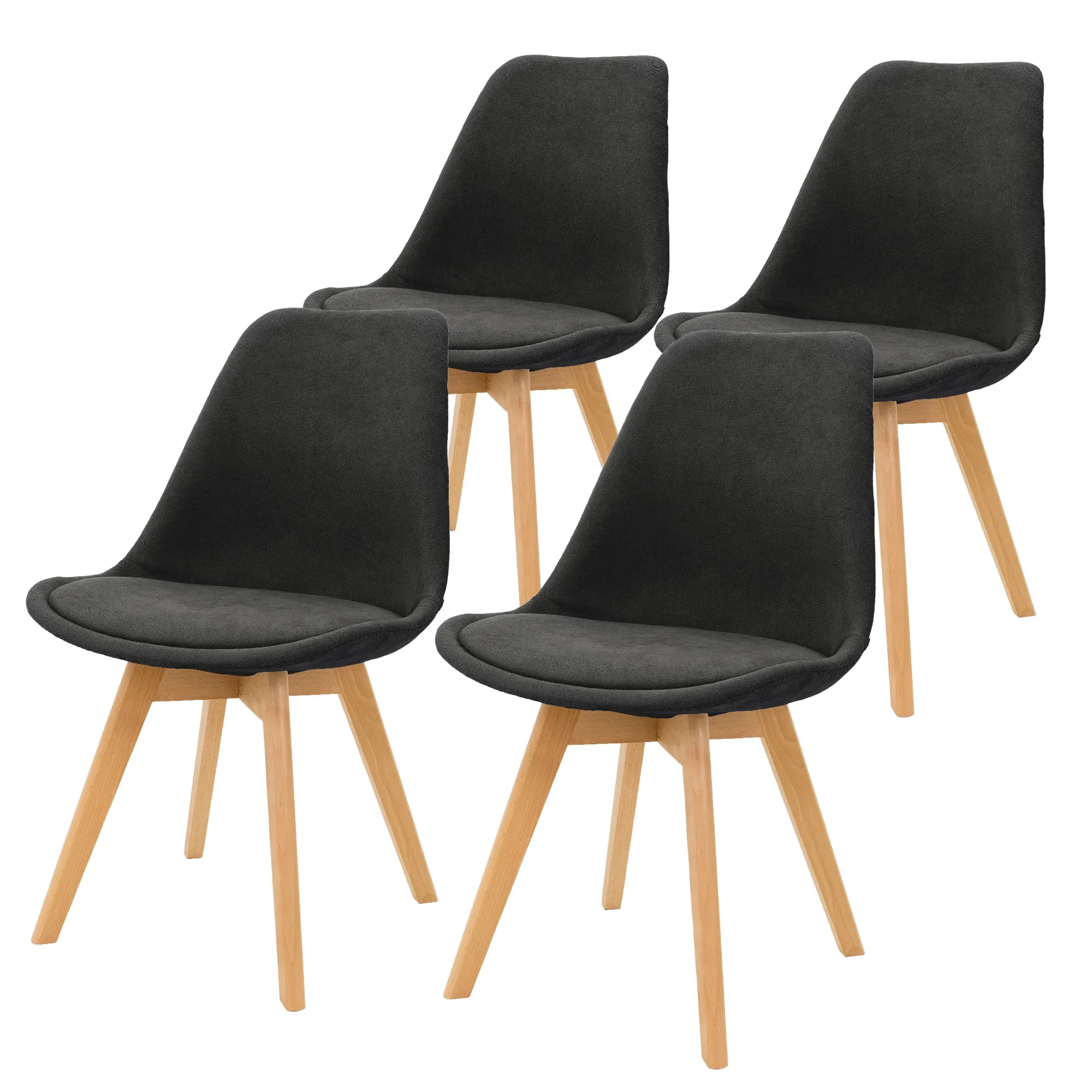 Lot de 4 chaises de salle à manger noir assise ergonomique revêtement en lin pieds en bois massif de hêtre protections de sol inclus design scandinave