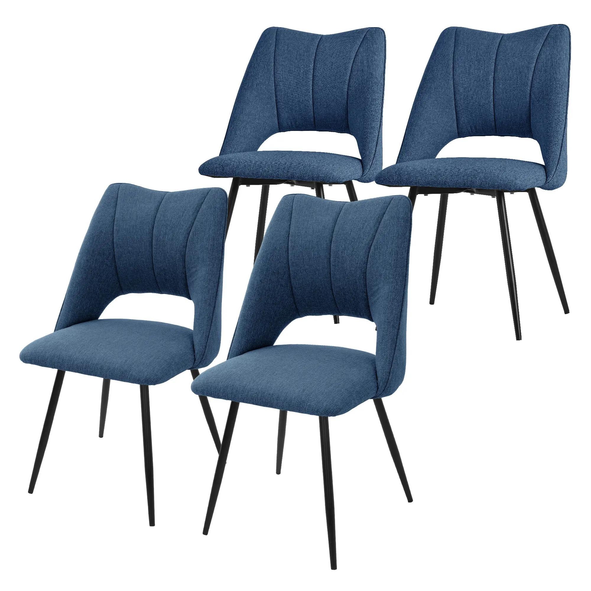 Lot de 4 chaises de salle à manger bleu assise ergonomique rembourrage doux en polyester pieds noir en acier revêtu par poudre design élégant