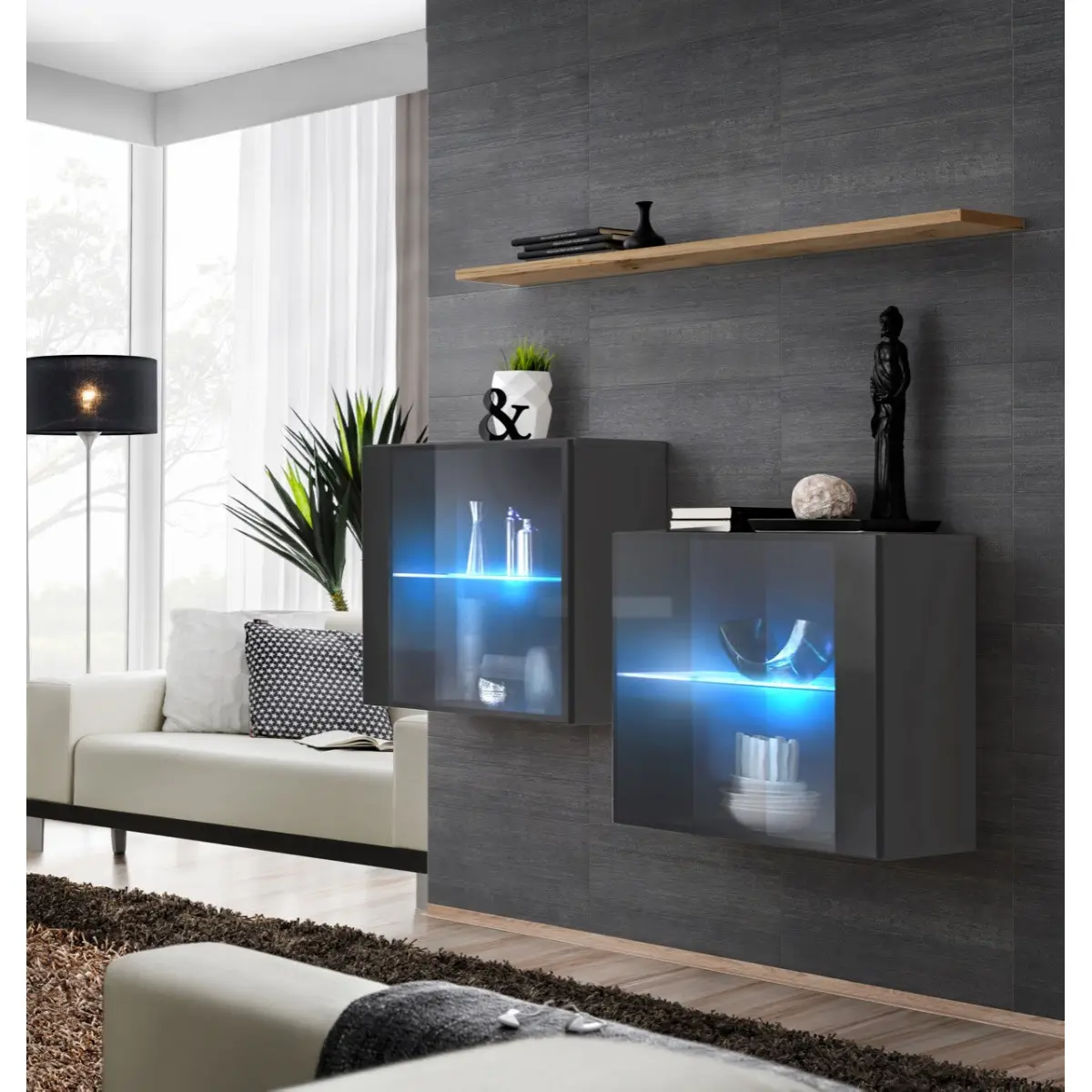 Lot de 2 Vitrines Murales & Étagère «Switch SBIII» 130cm Gris & Naturel
