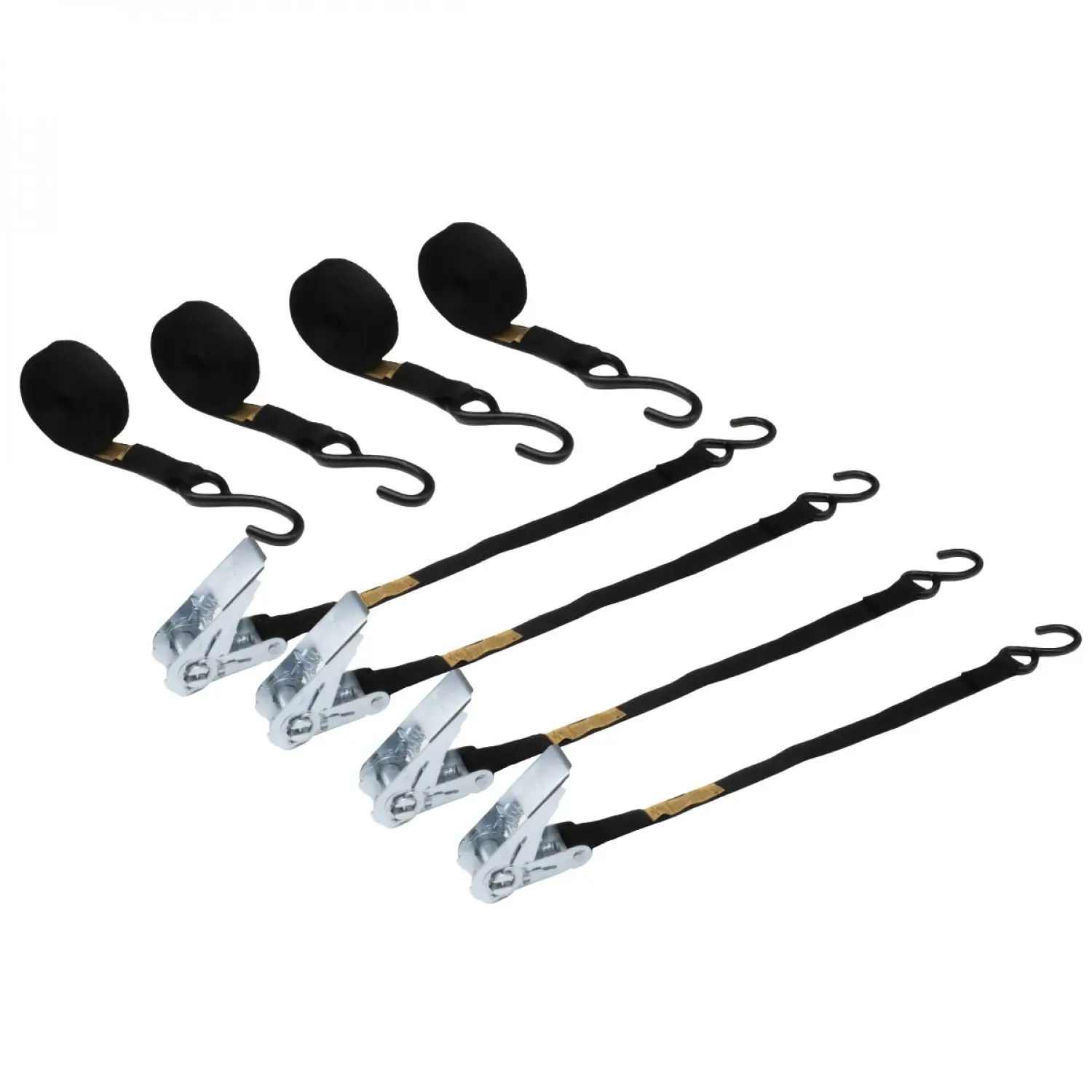 Lot de 4 sangles d’arrimage à cliquet et 2 crochets S – 25 mm x 5 m – Noir – Linxor