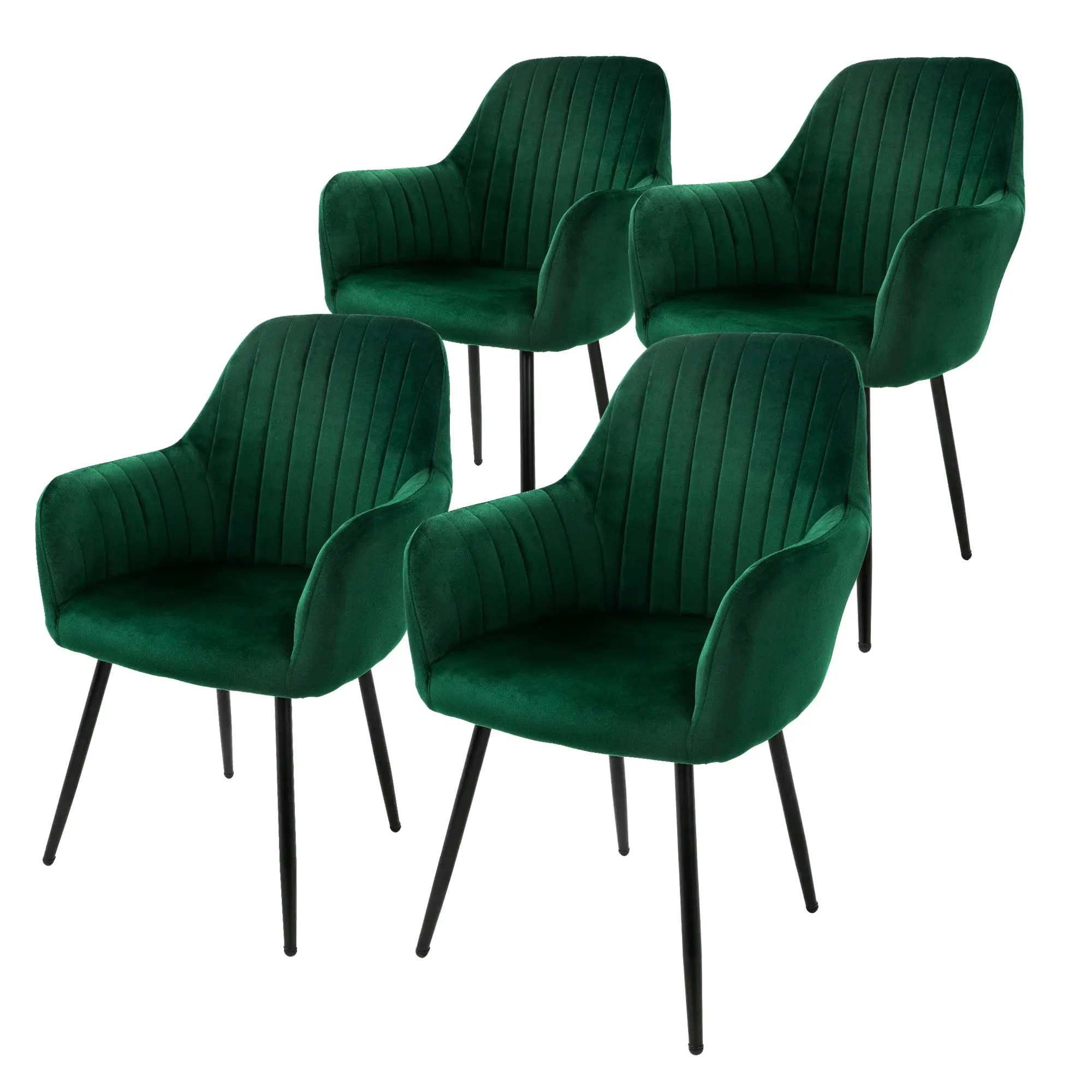 Lot de 4 chaises de salle à manger vert dossier et accoudoirs ergonomiques revêtement en velours respirant piètement noir en acier design élégant