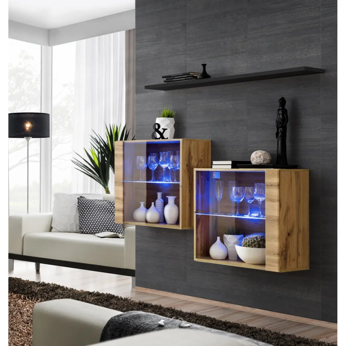 Lot de 2 Vitrines Murales & Étagère «Switch SBIII» 130cm Naturel & Noir
