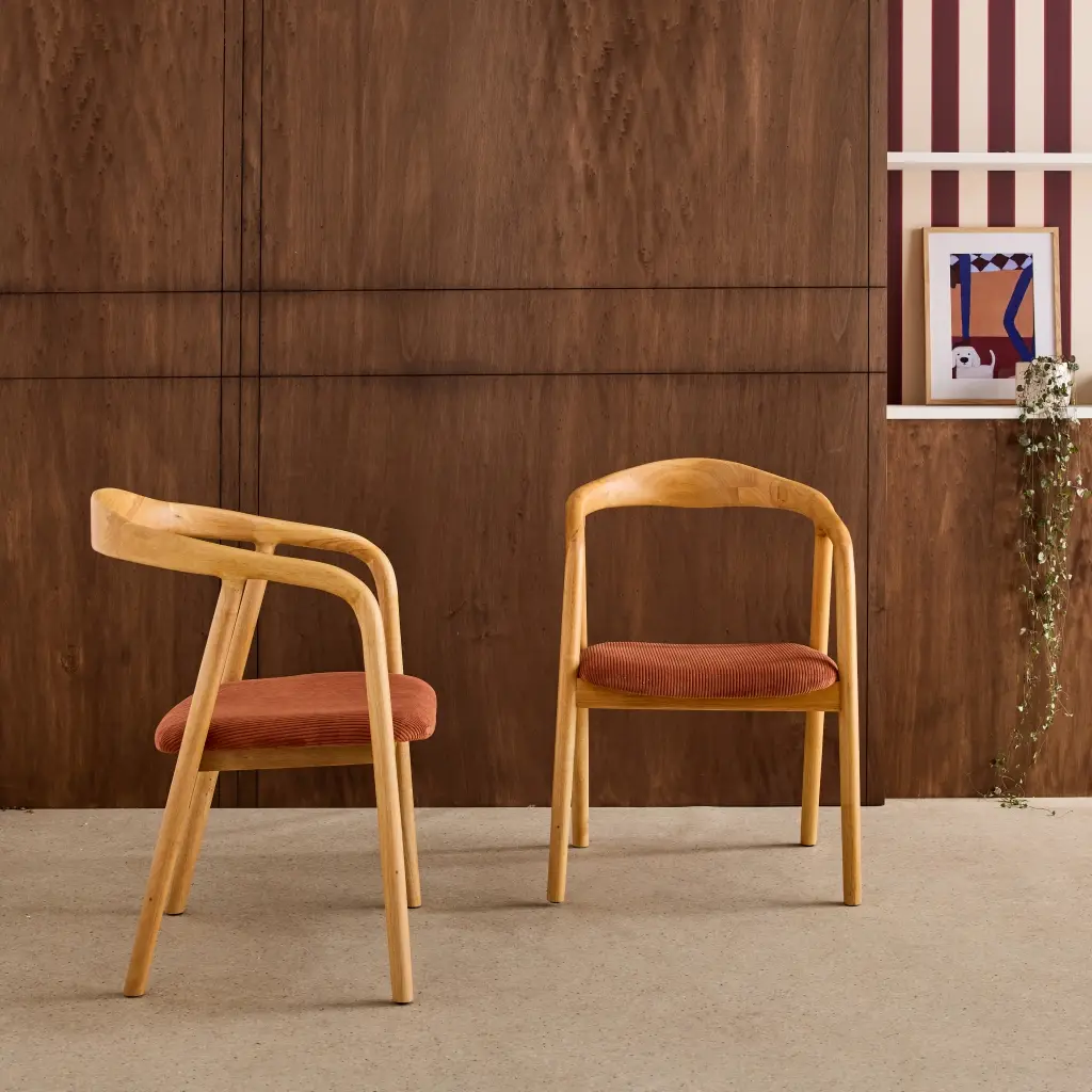Lot de 2 fauteuils vintage bois d’hévéa naturel et velours côtelé terracotta – L 55 x P 58 x H 79 cm | sweeek