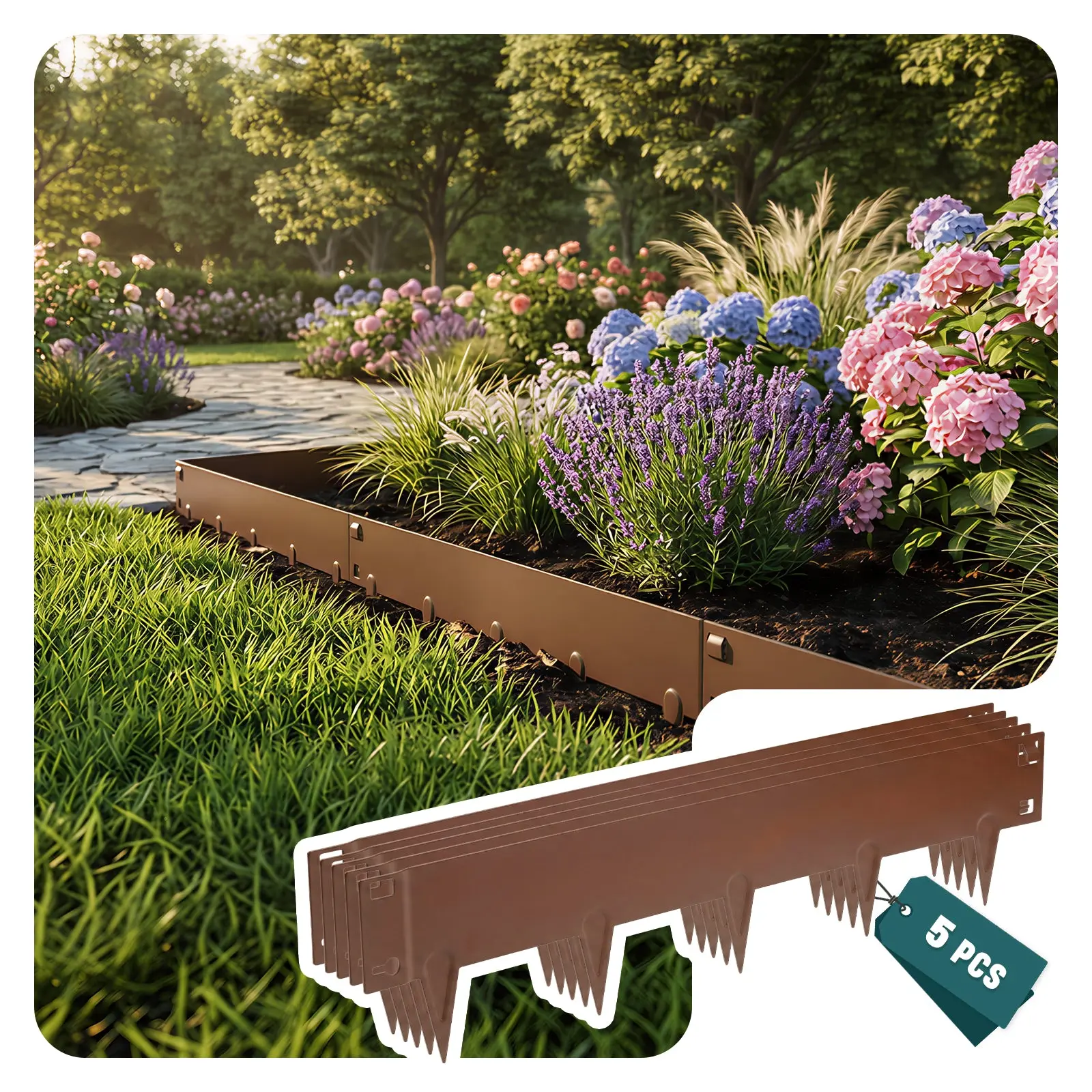 Lot de 5 Bordure de jardin en métal galvanisé 106x18cm marron – épaisseur 1.5mm – clôture flexible et résistante 5M – VOUNOT®