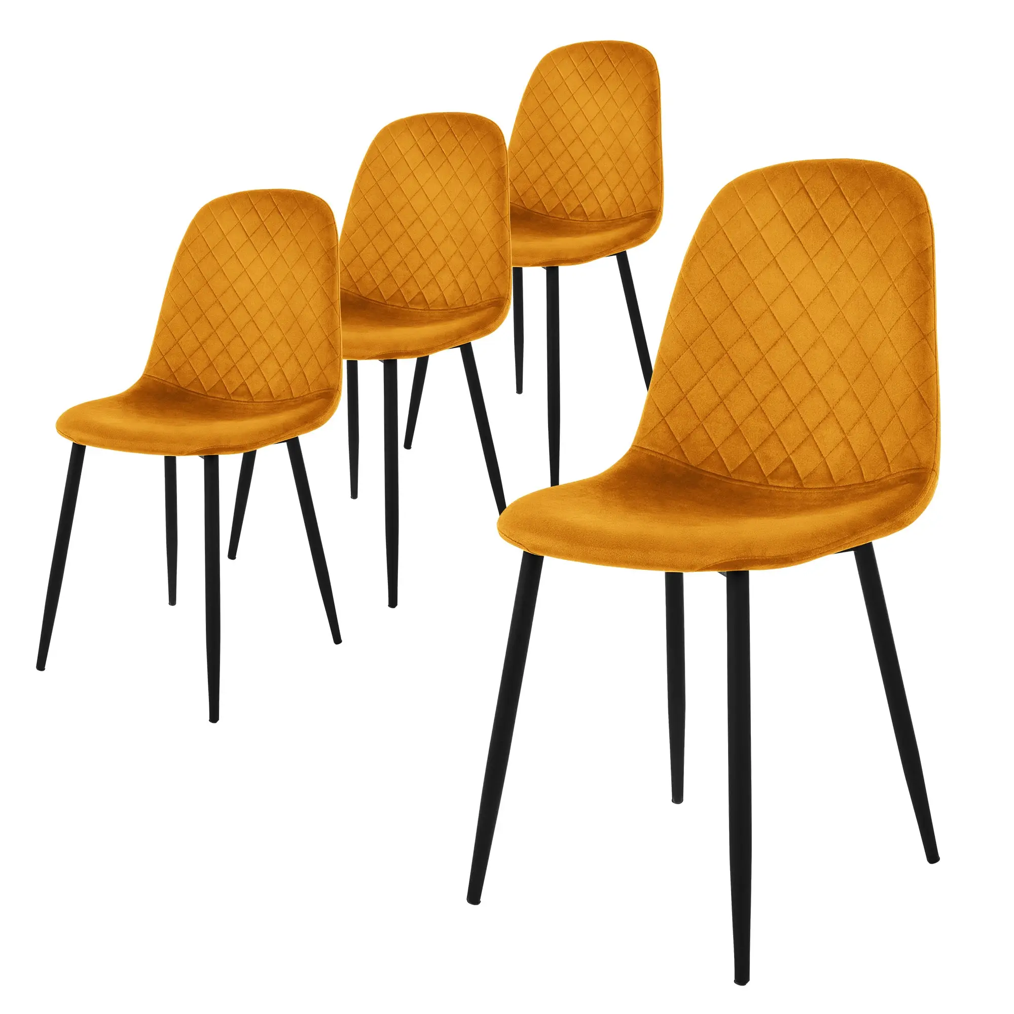 Lot de 4 chaises de salle à manger moutarde dossier incurvé ergonomique assise rembourrée en velours piètement métallique noir design moderne raffiné