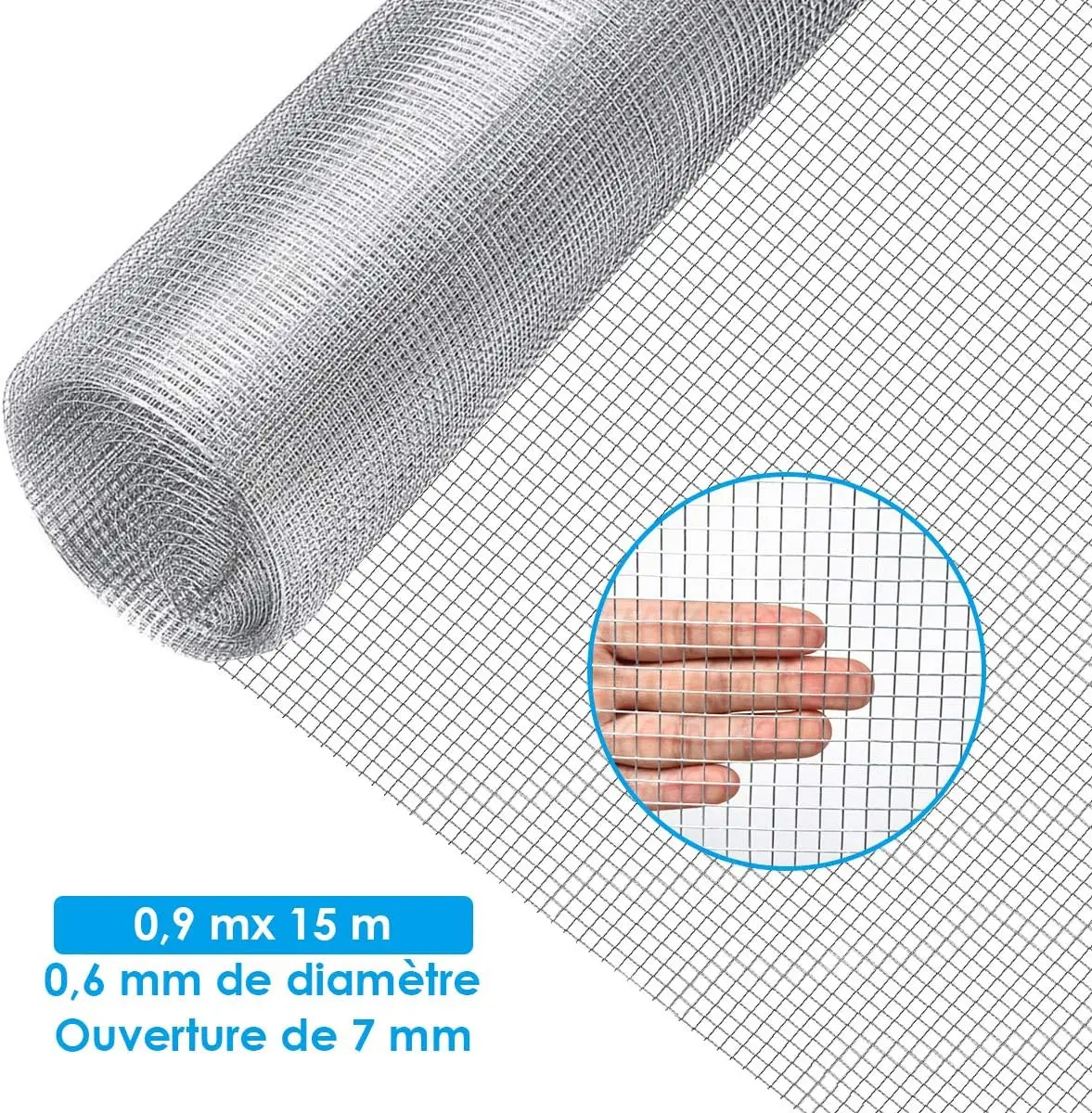 Grillage à Poule 7mm en Fer Galavanisé 0,9x15M Grillage pour Plantes et Animaux Argent