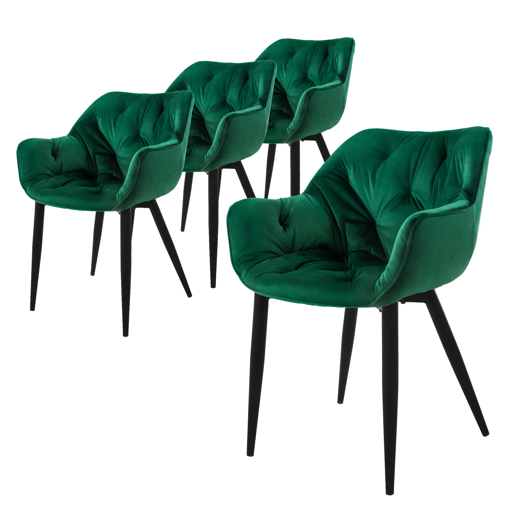Lot de 4 chaises de salle à manger vert foncé dossier et accoudoirs ergonomiques revêtement en velours doux piètement noir en métal design moderne