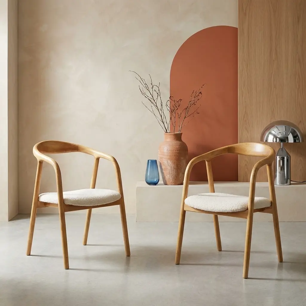 Lot de 2 fauteuils structure bois d’hévéa. assise bouclette teinte naturelle vintage. L 55 x P 57 x H 79cm | sweeek