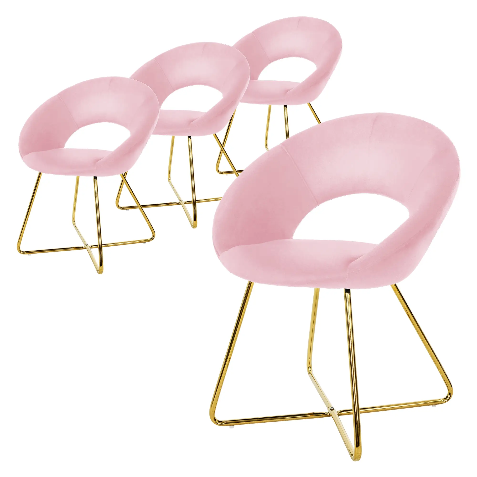 Lot de 4 chaises de salle à manger rose dossier en demi-coque arrondi assise ergonomique revêtement en velours piètement doré en métal design moderne