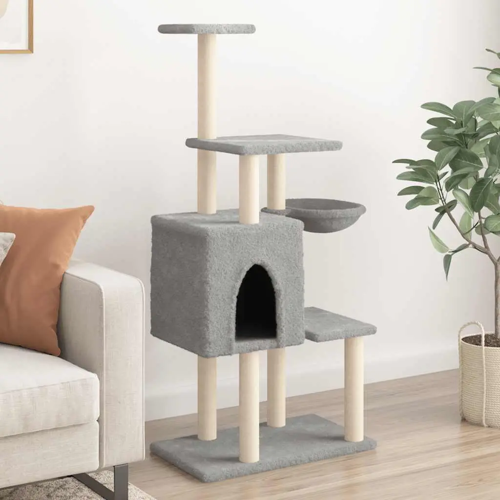Grande Tour à Chat avec Niche Panier et Plateformes Griffoirs en Sisal Gris Clair 131 cm