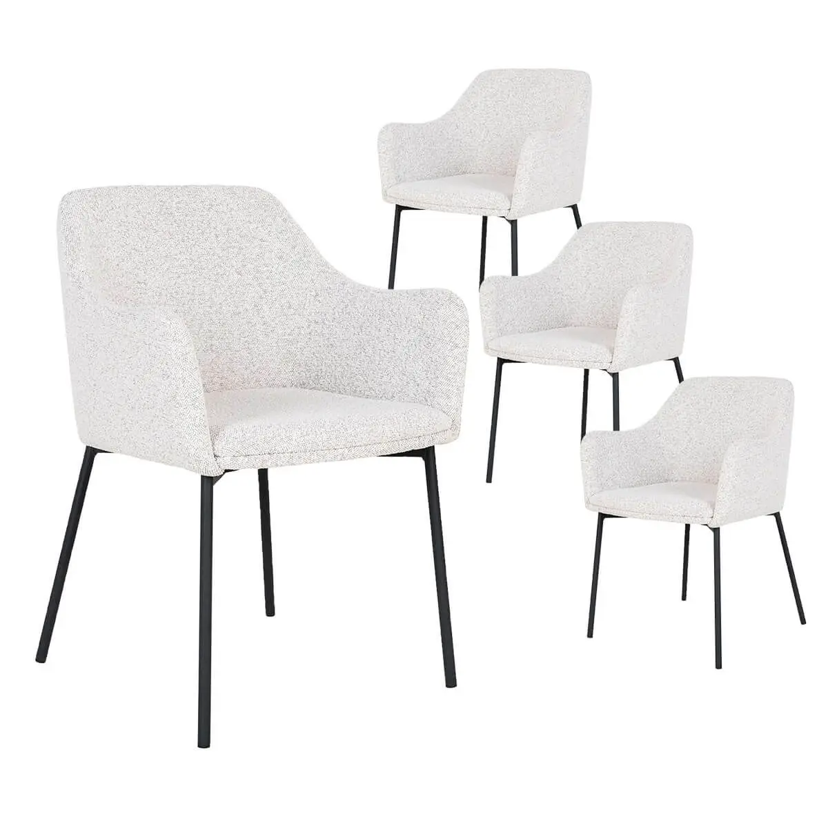 Lot de 4 Fauteuils de Table Tissu Bouclé Blanc Chiné Pieds Métal Noir – LOANA
