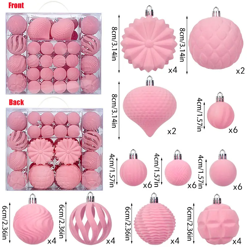 Lot de 48 boules décoratives de Noël en PVC floqué, pendentifs de 4, 6 et 8 cm, coffret de décoration pour la maison, rose