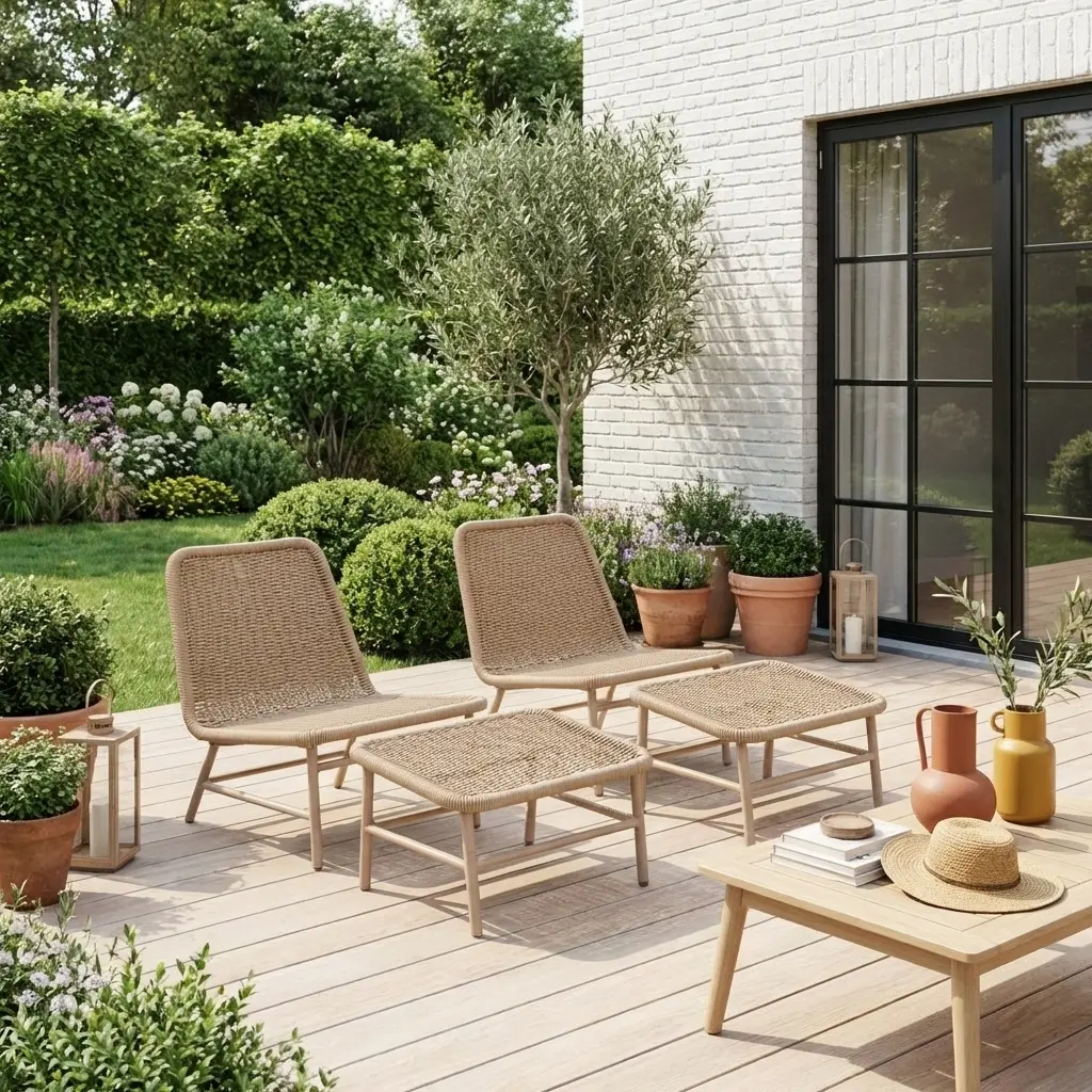 Lot de 2 fauteuils relax et repose pieds aluminium et corde beige – Laguna | sweeek