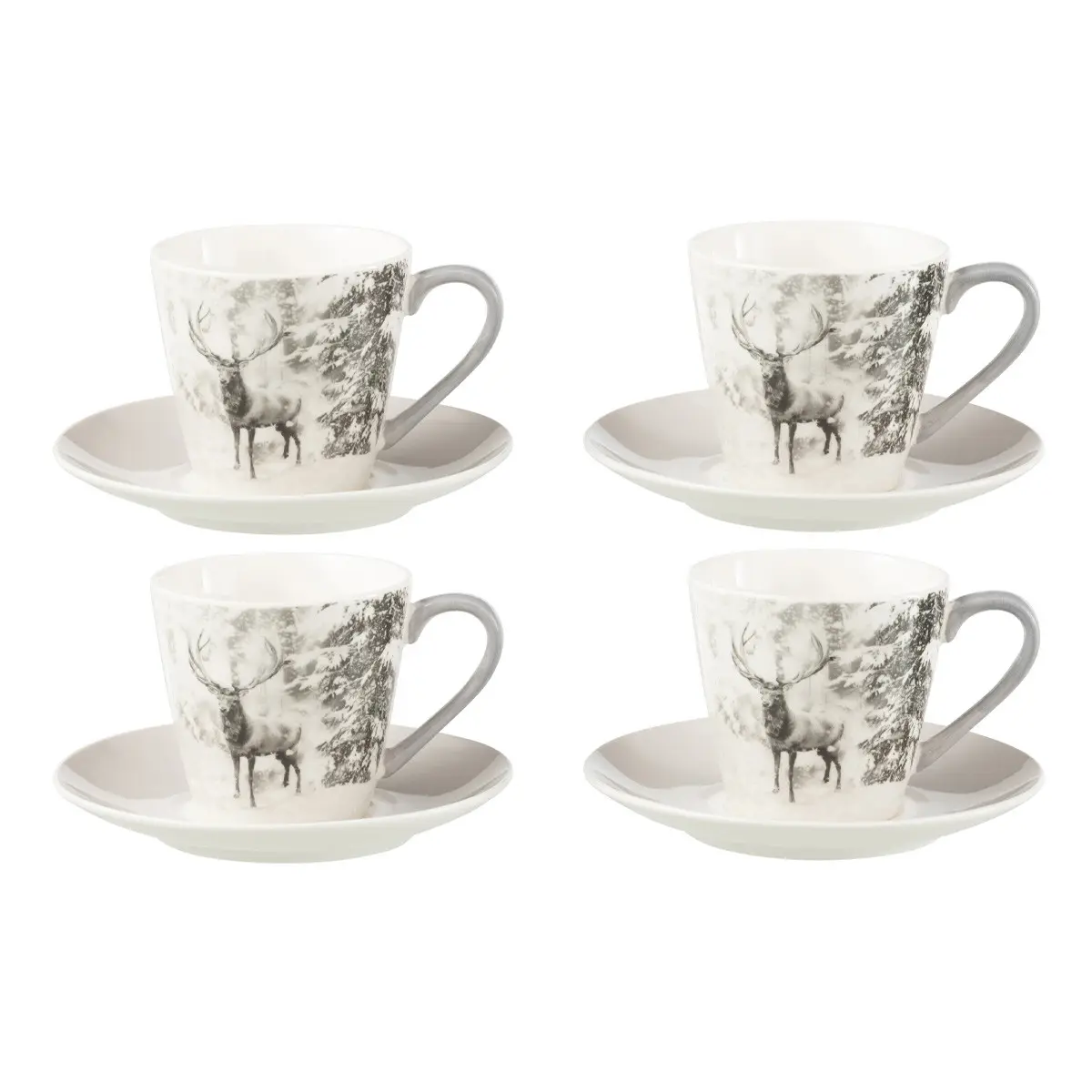 Lot de 4 Tasses à Thé & Sous-Tasses «Renne» 22cl Gris