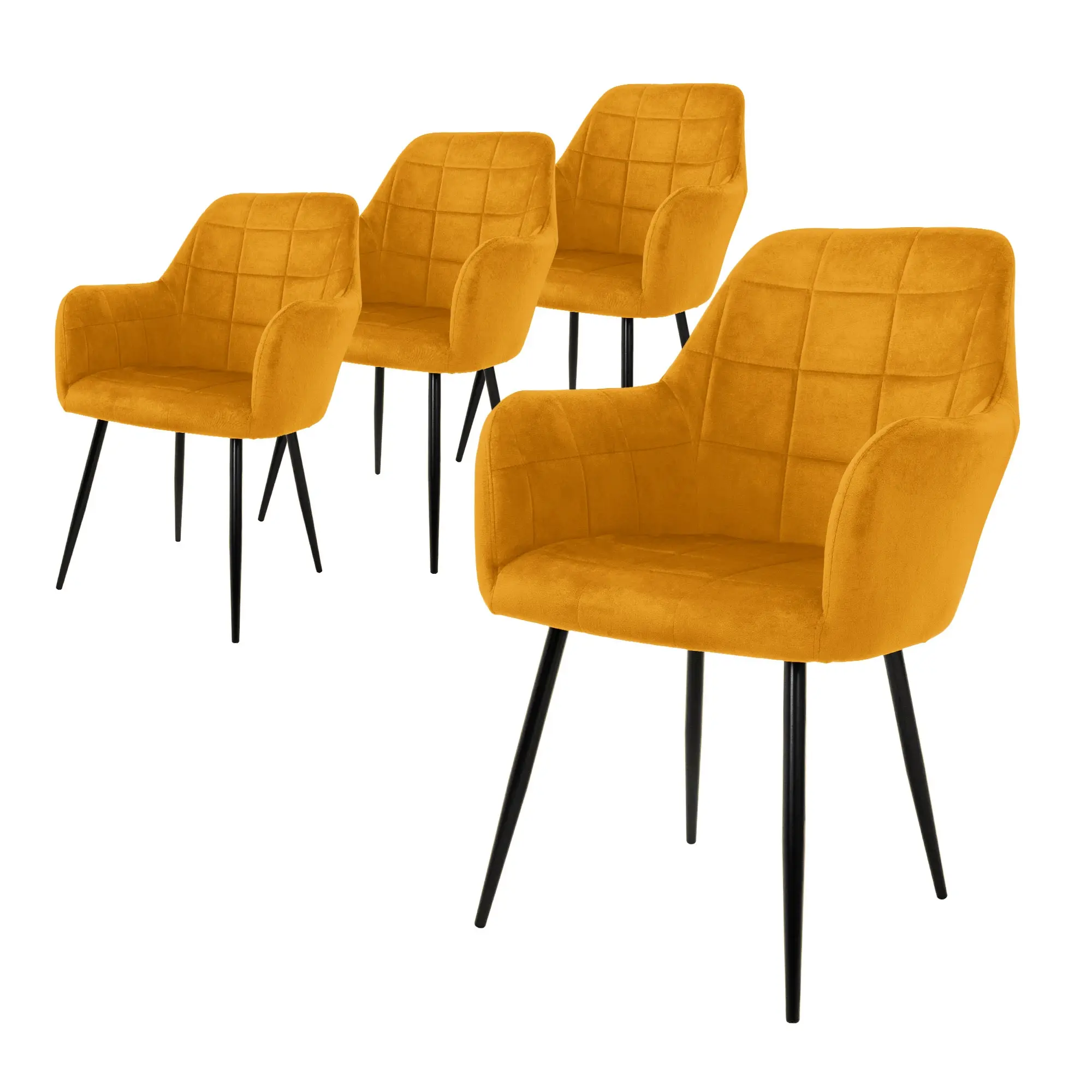 Lot de 4 chaises de salle à manger moutarde assise dossier et accoudoirs ergonomiques revêtement en velours doux pieds noir en acier style moderne