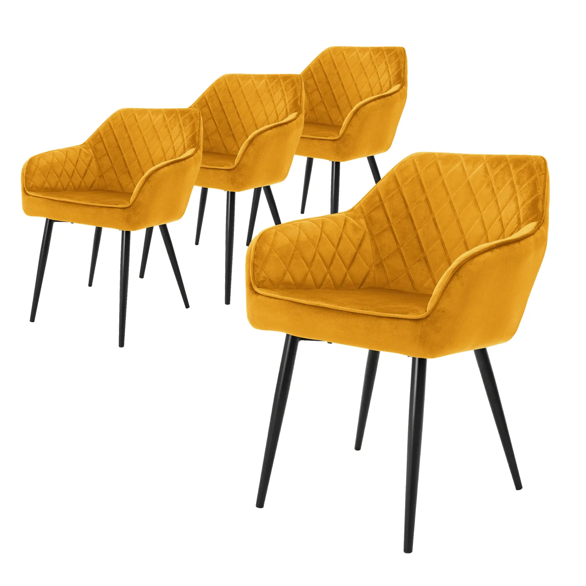 Lot de 4 chaises de salle à manger moutarde assise dossier et accoudoirs ergonomiques revêtement en velours doux pieds noir en acier design moderne