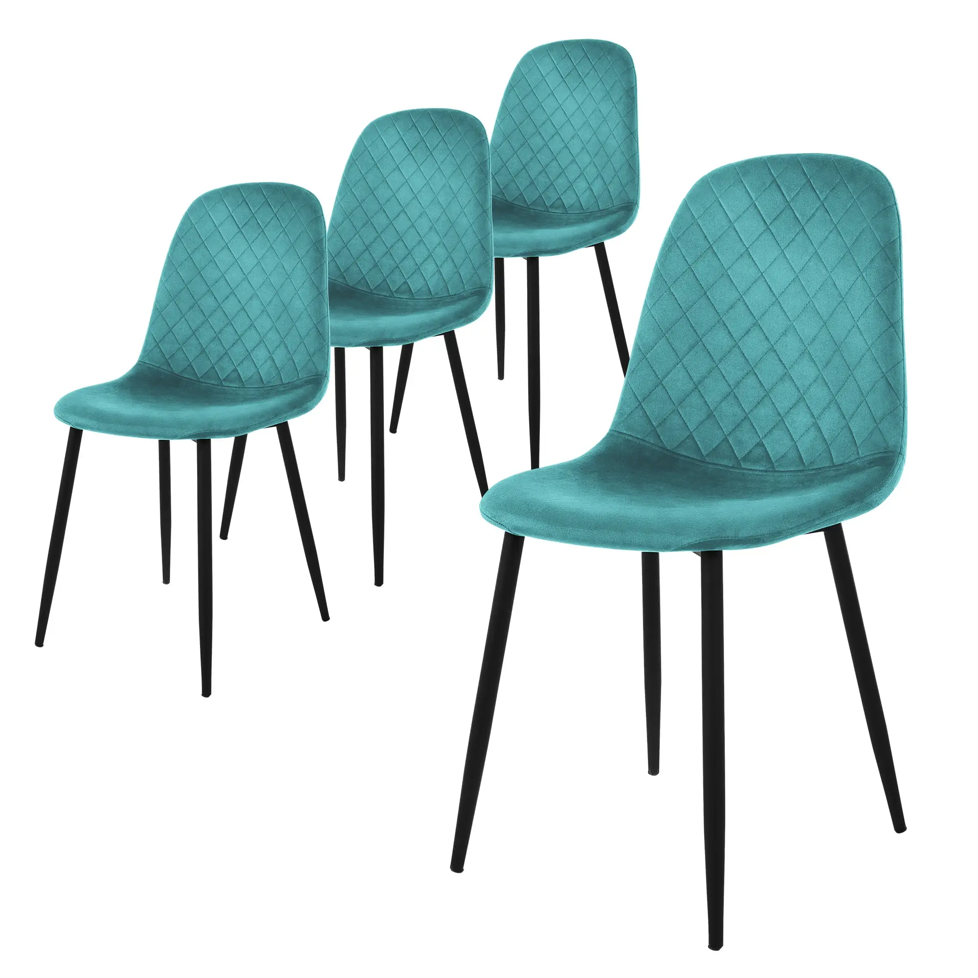 Lot de 4 chaises de salle à manger pétrole dossier incurvé ergonomique assise rembourrée en velours piètement métallique noir design moderne raffiné